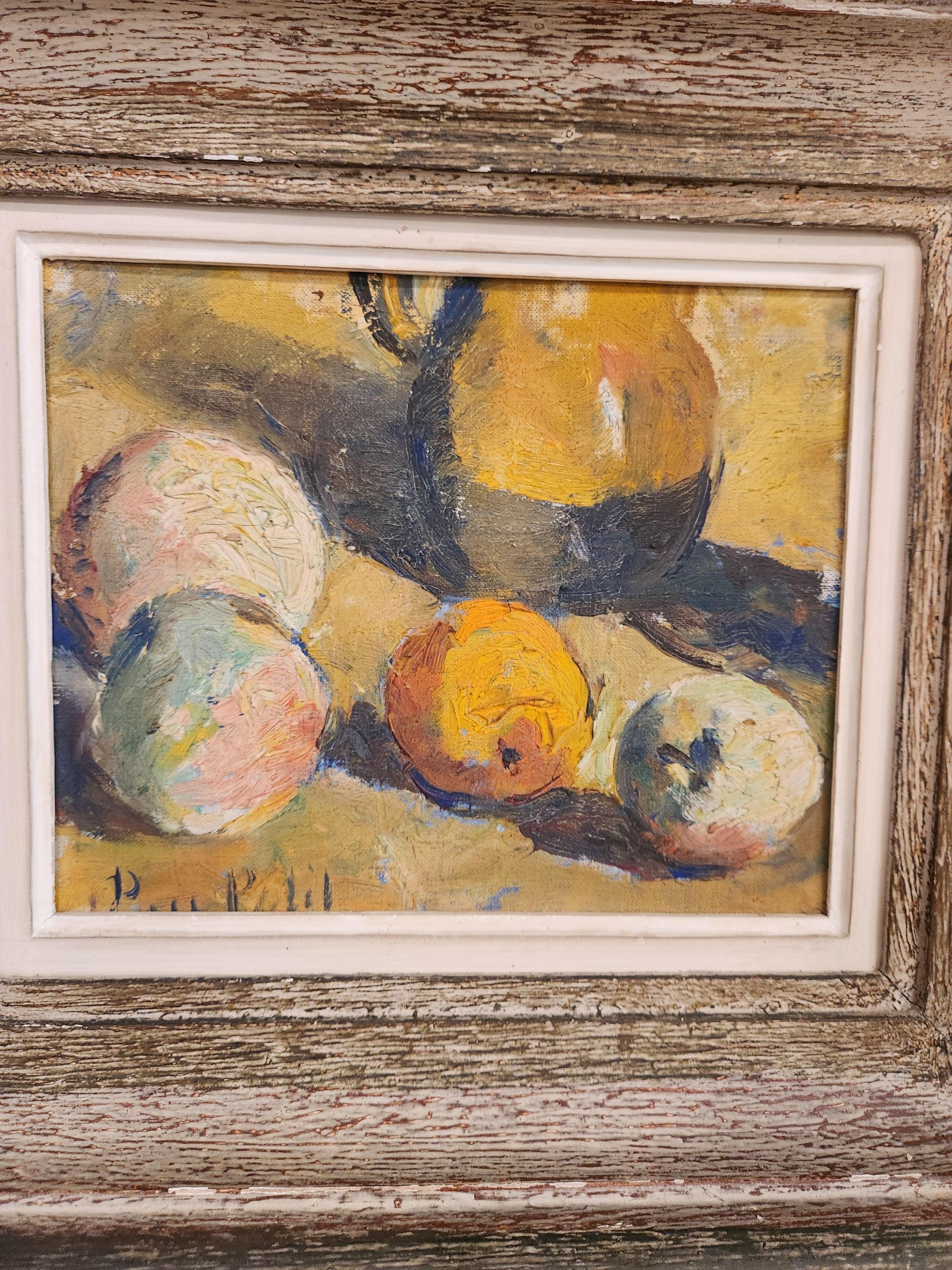Bodegón al óleo sobre tabla enmarcado en madera envejecida, firmado Paul Petit 1885-1960