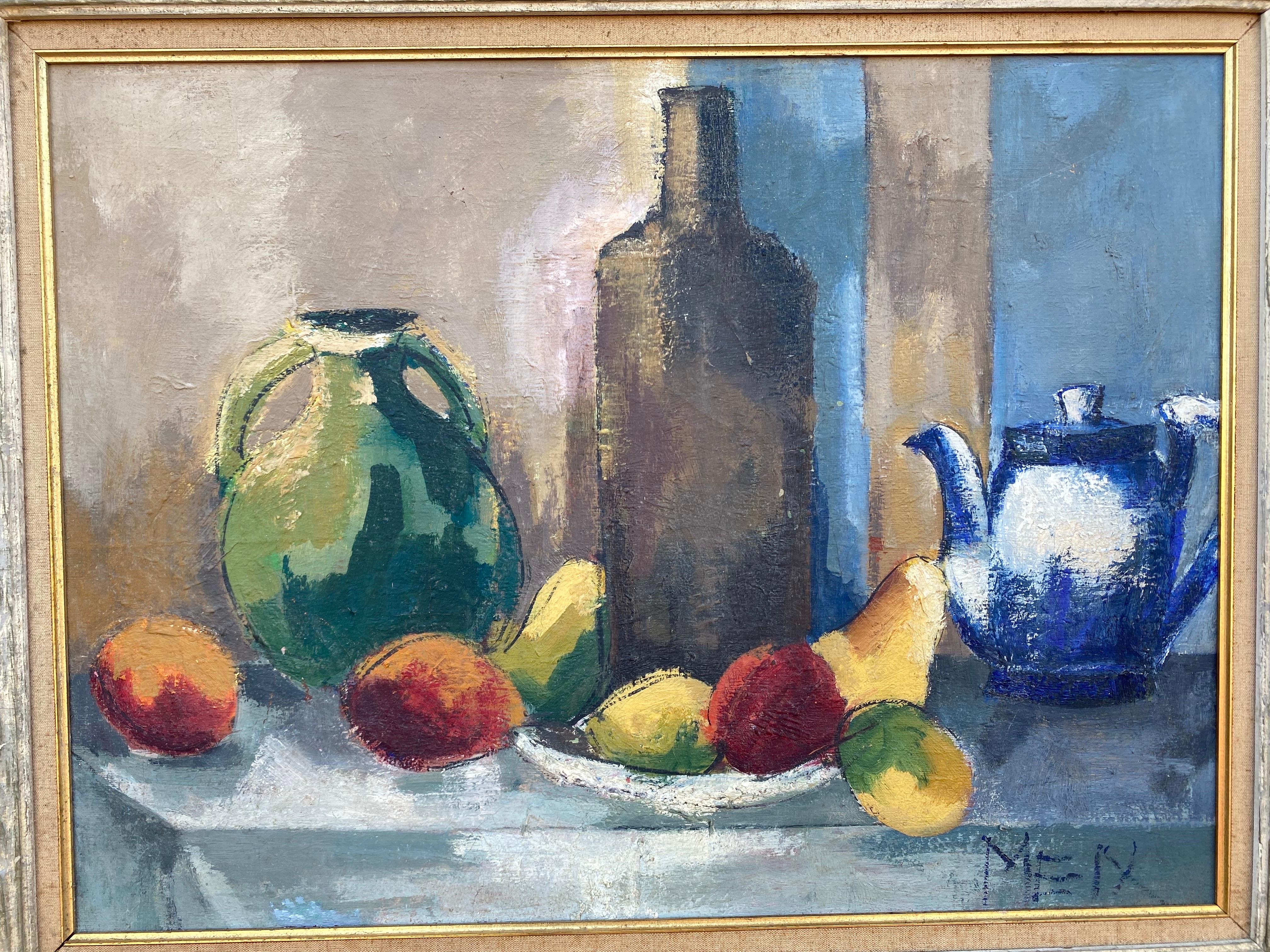 Oil on Canvas Still-Life of Bottles, Vases and Teapot.  Nice Colors!  Original Frame shows Gesso Loss to left side but has a great look!

