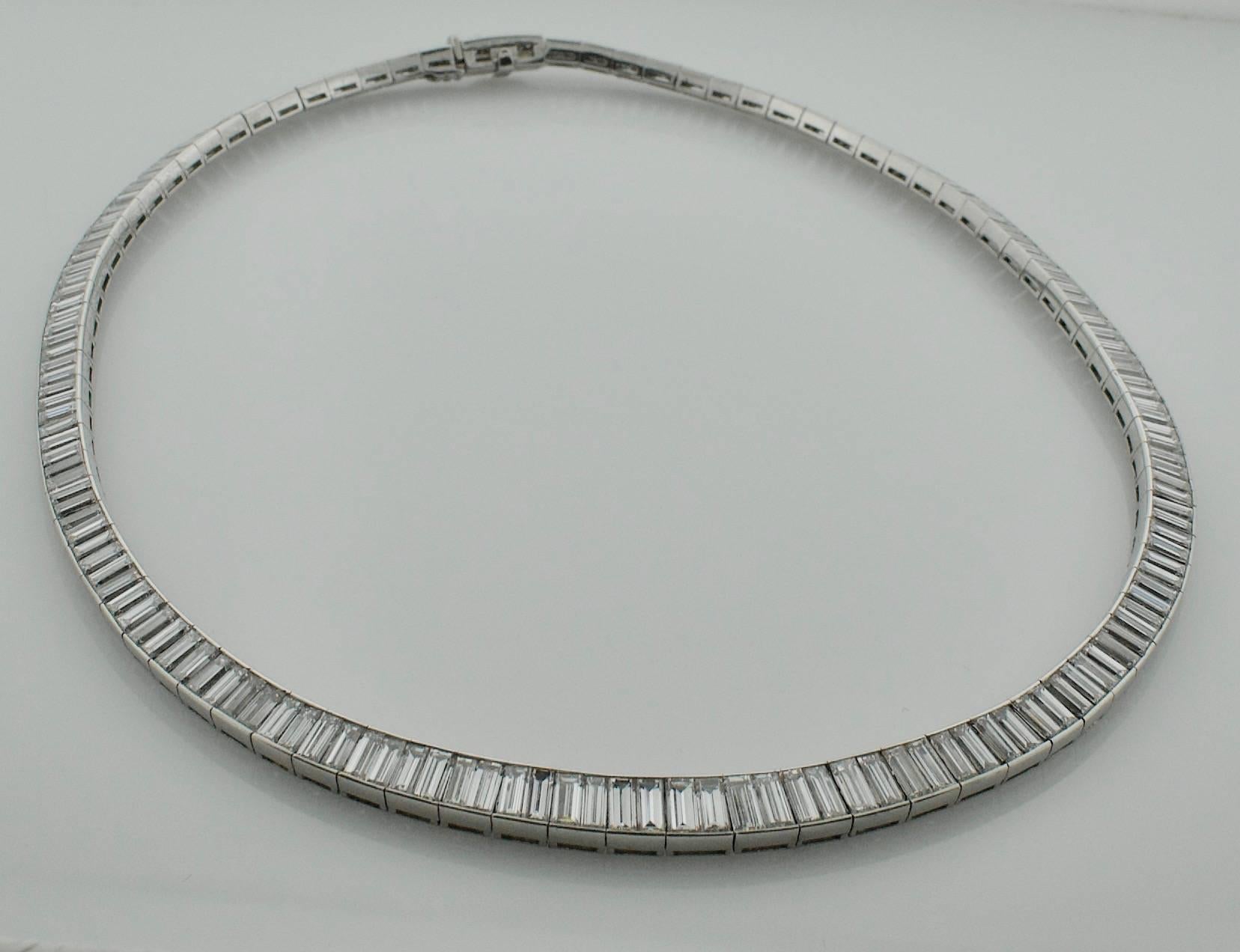 1940's Straight Line Baguette Diamond Necklace 36.00 carats
One Hundred and Seventy Two Baguette Cut Diamonds weighing 36.00 carats approximately [GH-VVS-VS]
Slightly Tapered 6.5 mm to 4.5 mm at the clasp
Wonderfully made fells like silk on the back