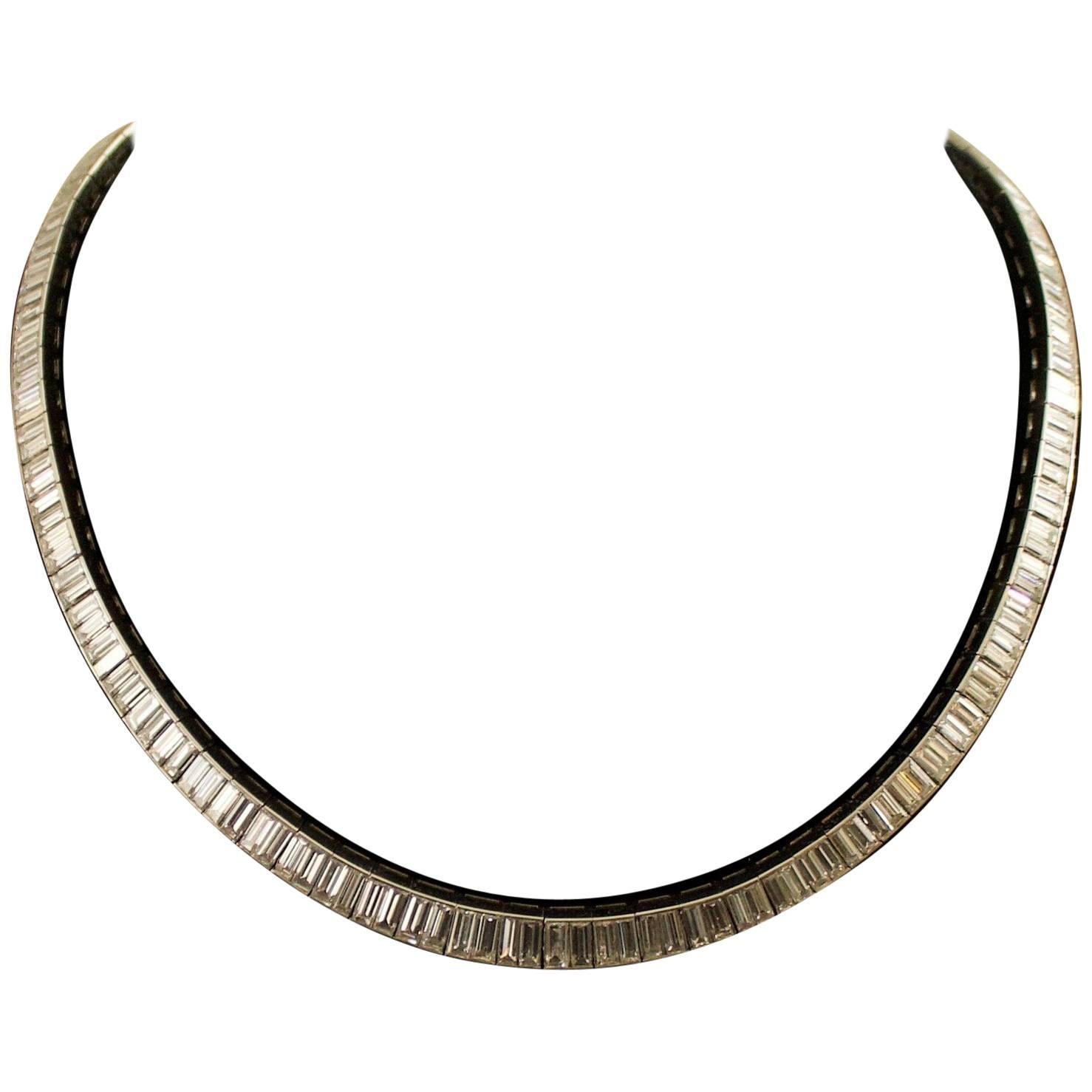 1940s Straight Line Baguette Diamond Necklace 36.00 Carat