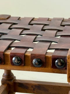 1940's Strap Leather Turned Wood Pair of Tabourets/ Stools, SPAIN