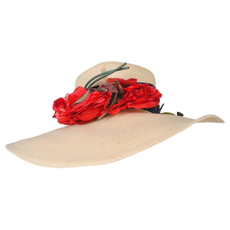 1940s Straw Hat w/Red Flowers