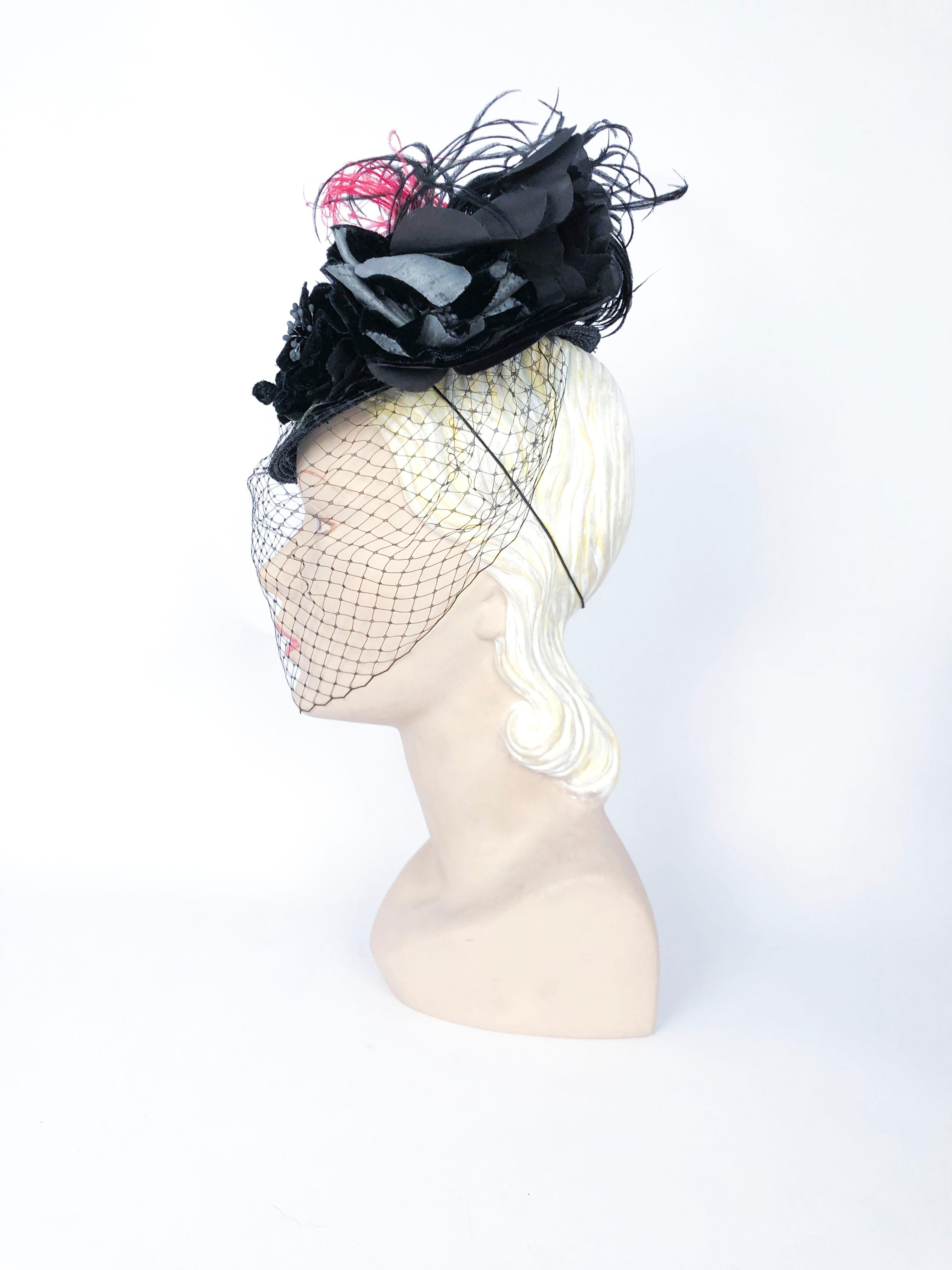 Gray 1940s Straw Toy Hat with Multi-colored Feathers, and Full Veil