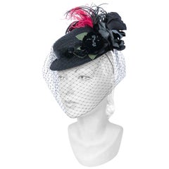 1940s Straw Toy Hat with Multi-colored Feathers, and Full Veil