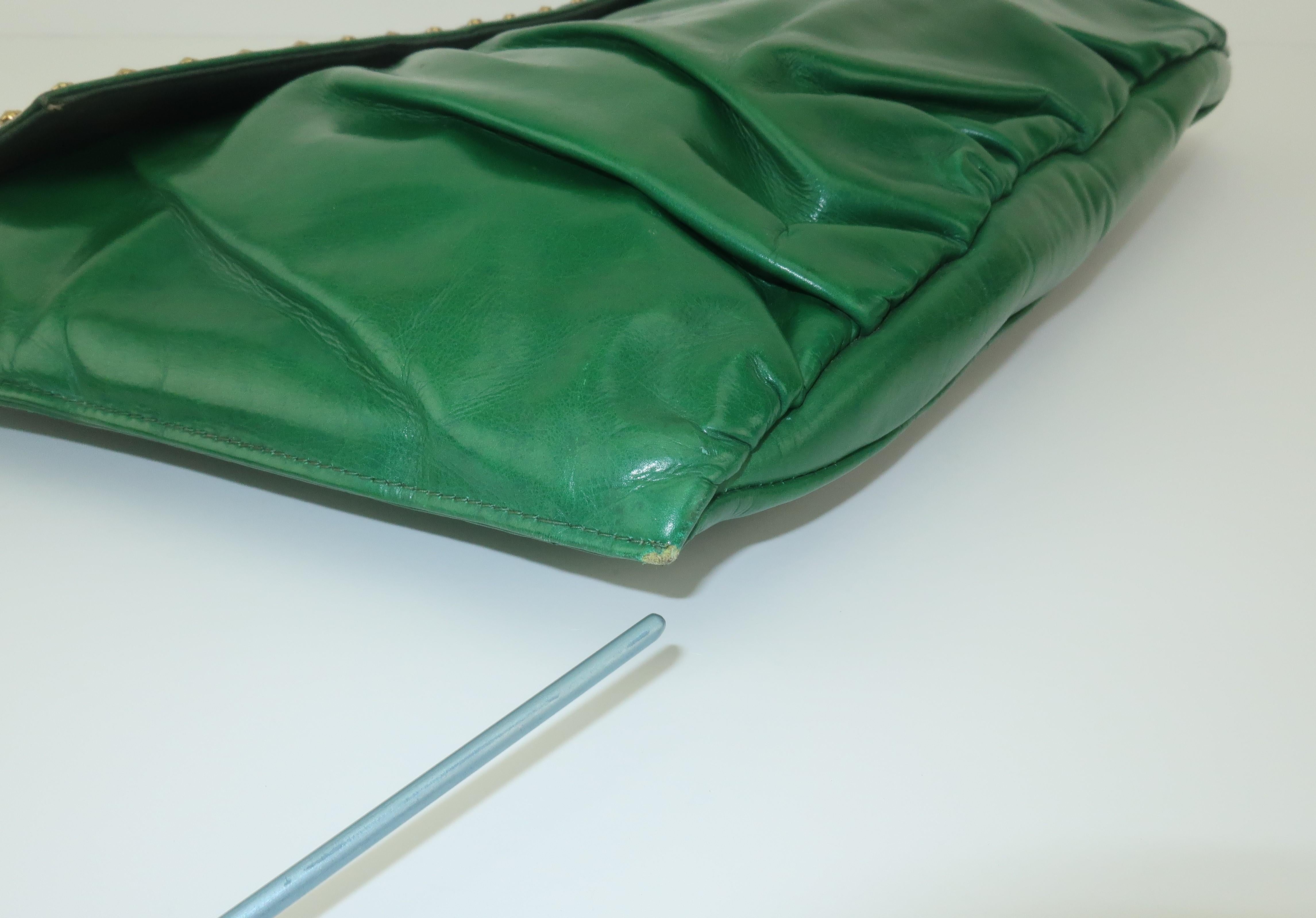 1940’s Studded Emerald Green Leather Clutch Handbag 4