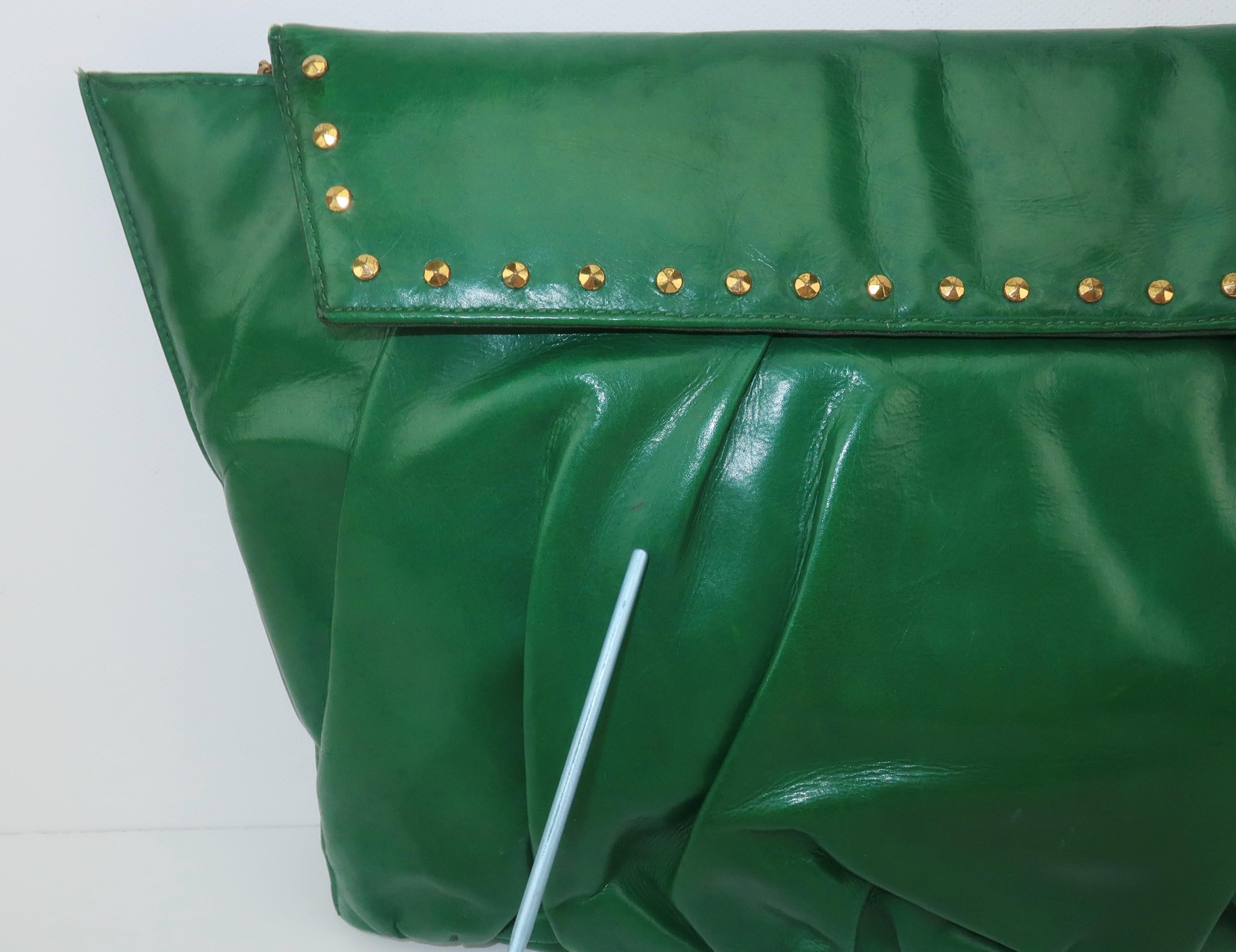 1940’s Studded Emerald Green Leather Clutch Handbag 2