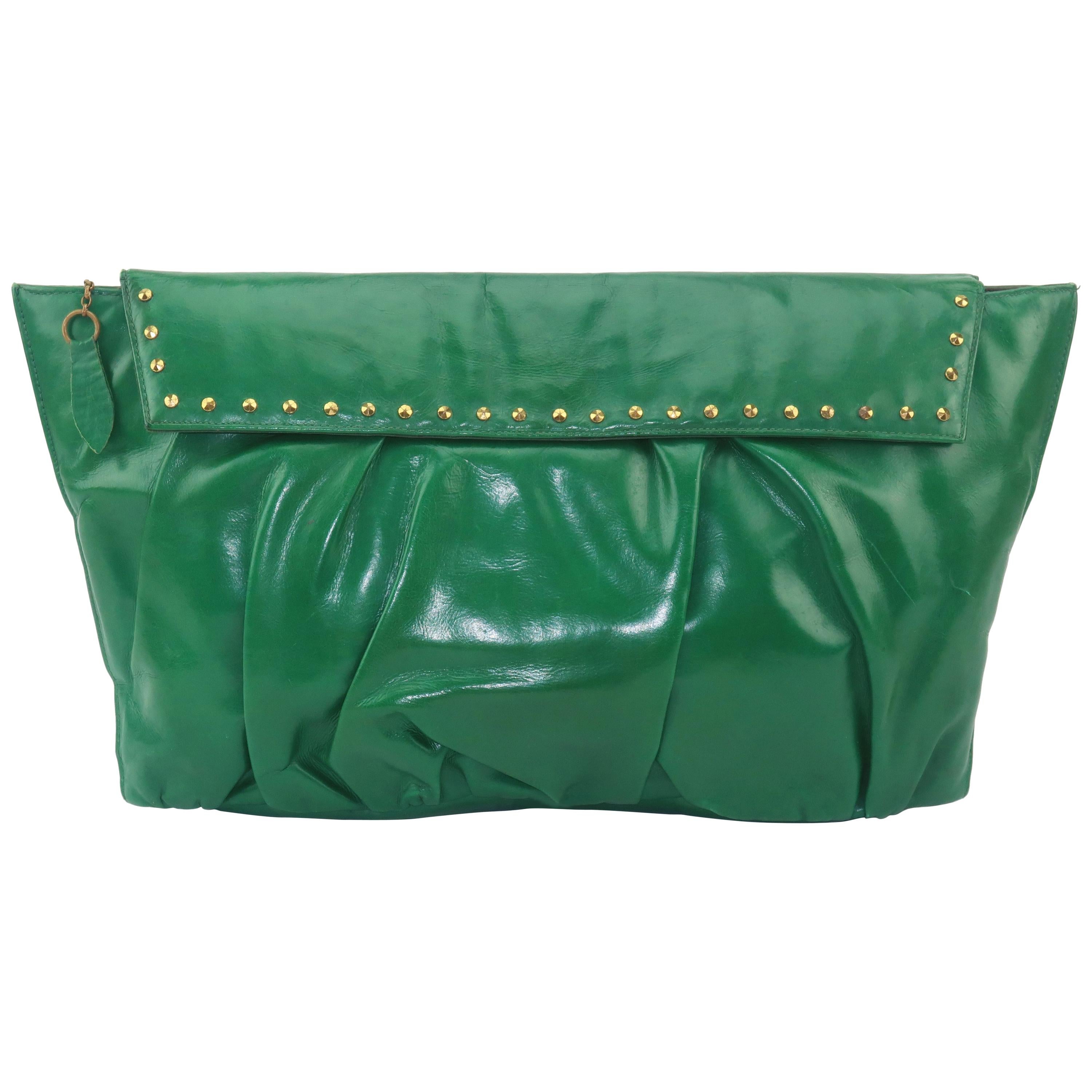 1940’s Studded Emerald Green Leather Clutch Handbag