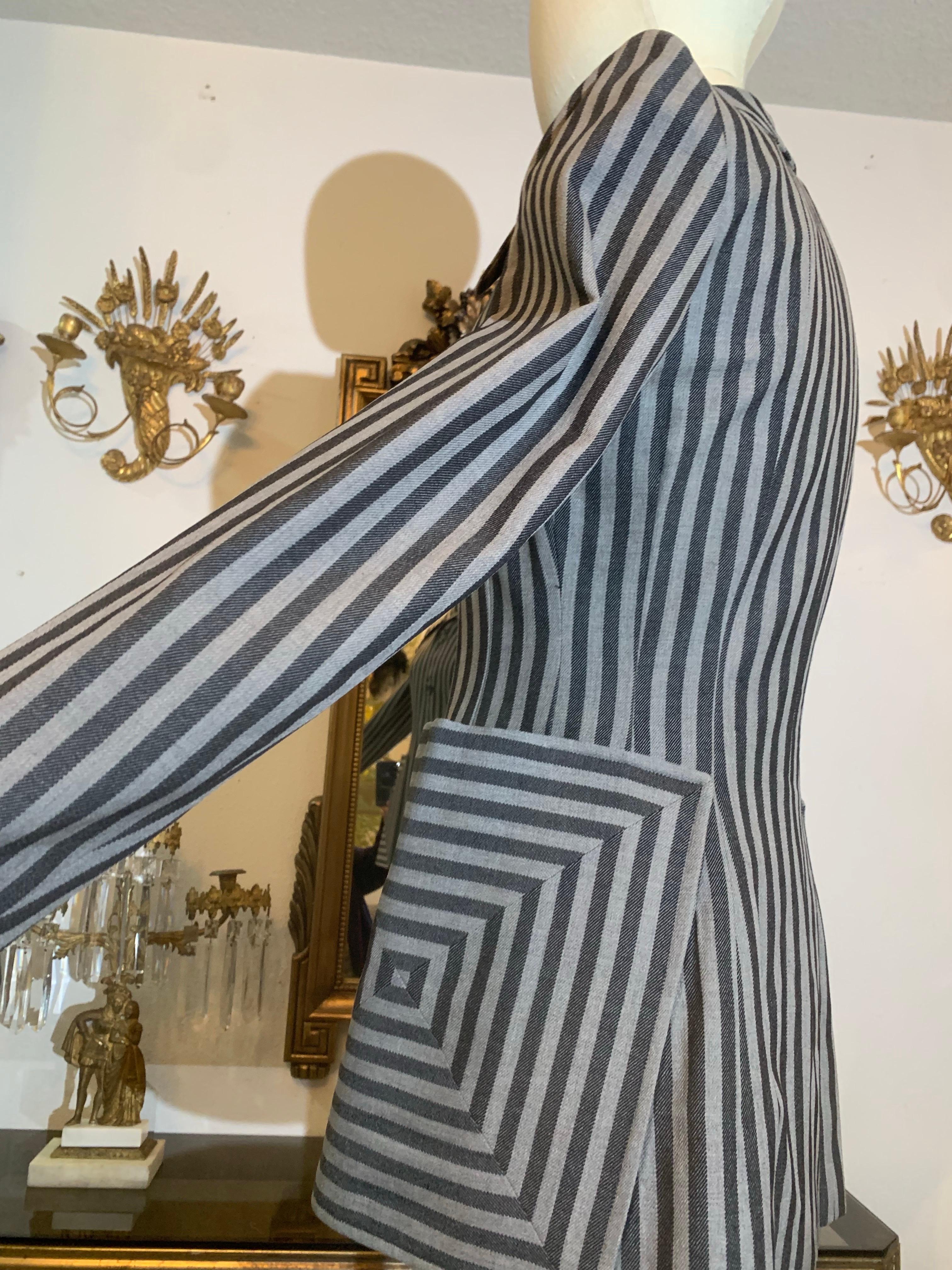 1940s Stunning Gray on Gray Mitered Chalk Striped Jacket w Graphic Detailing For Sale 6