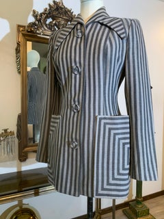 1940s Stunning Gray on Gray Mitered Chalk Striped Jacket w Graphic Detailing