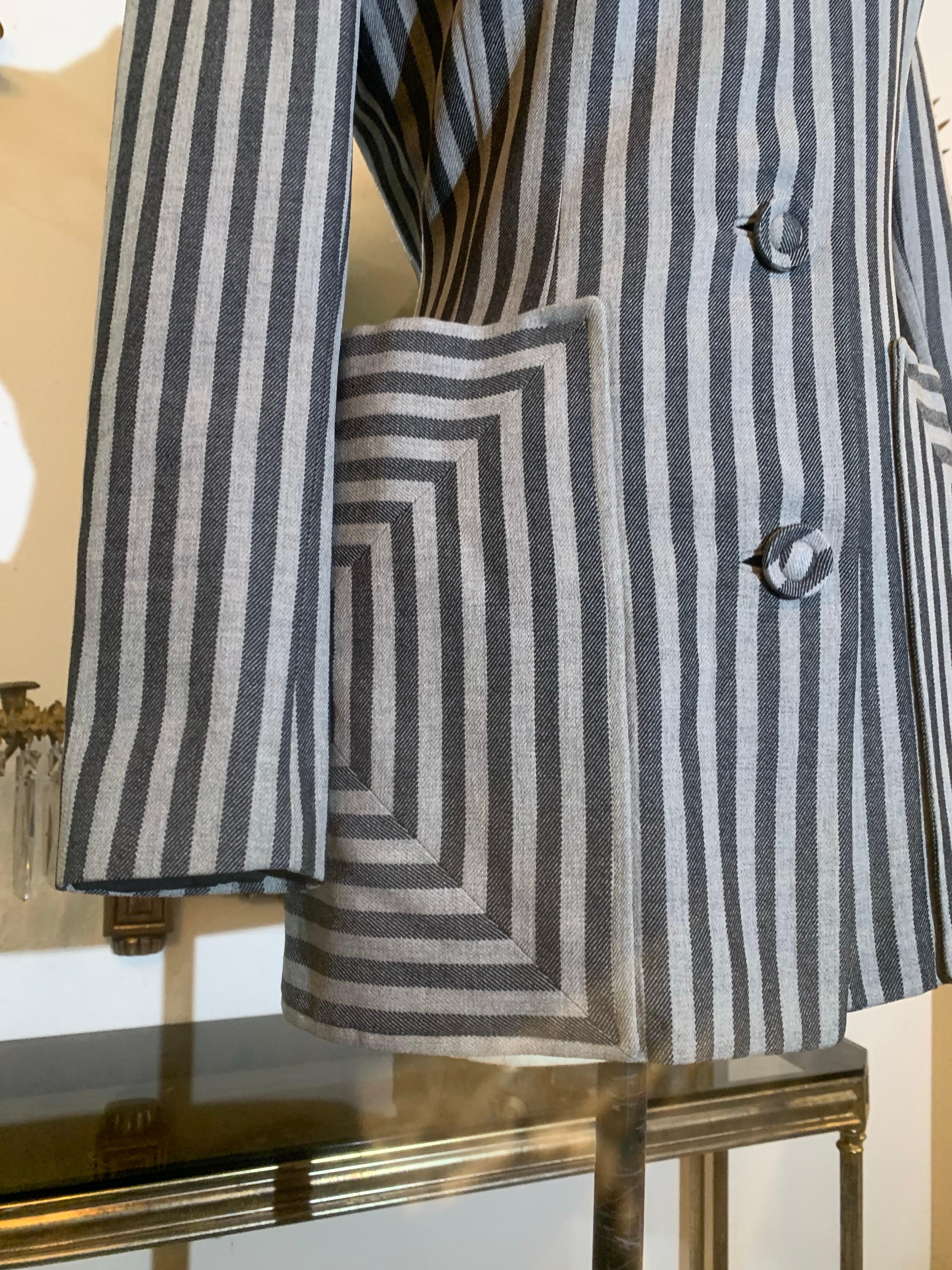 1940s Stunning Gray on Gray Mitered Chalk Striped Jacket w Graphic Detailing For Sale 1