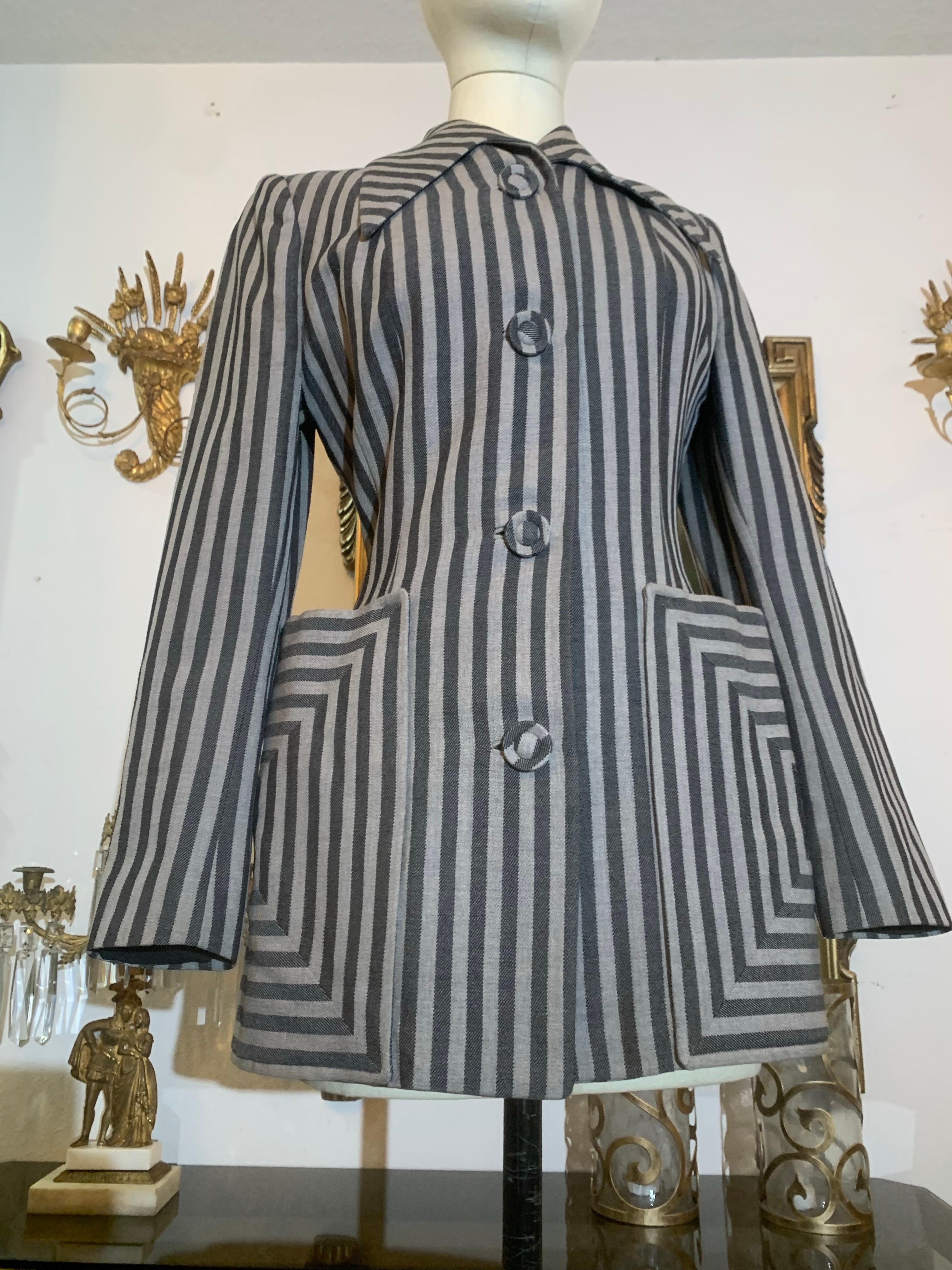 1940s Stunning Gray on Gray Mitered Chalk Striped Jacket w Graphic Detailing For Sale 4