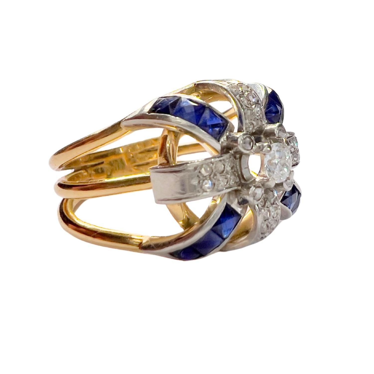 Elegant retro design ring from the 1940s crafted in 18 kt gold with platinum views, set with sapphires and diamonds. A refined combination of rose-cut and old-cut stones brings vintage charm and timeless character.

Technical details:

Period: Circa