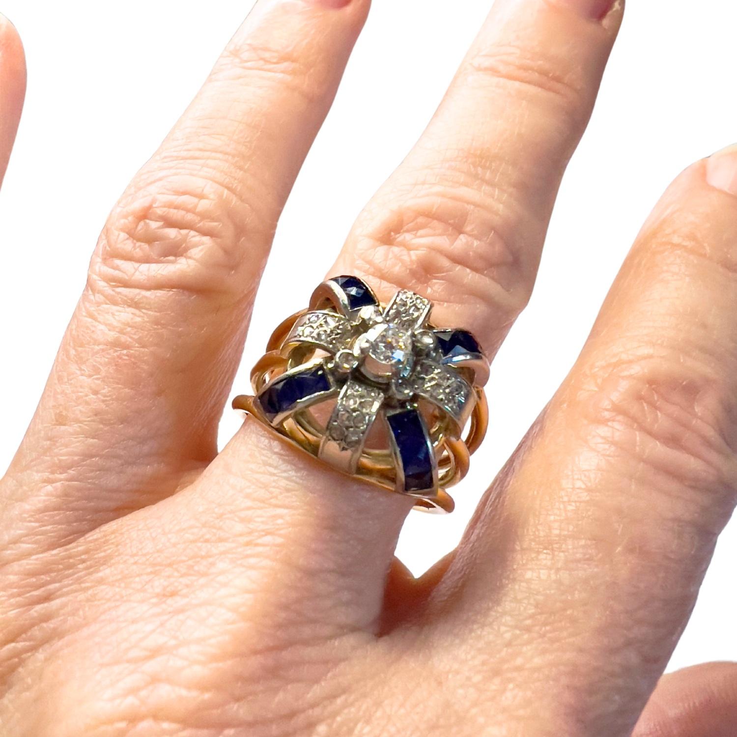 Square Cut 1940s Style 0.31 ct Diamonds 0.60 ct Sapphires Gold & Platinum Fashion Ring For Sale