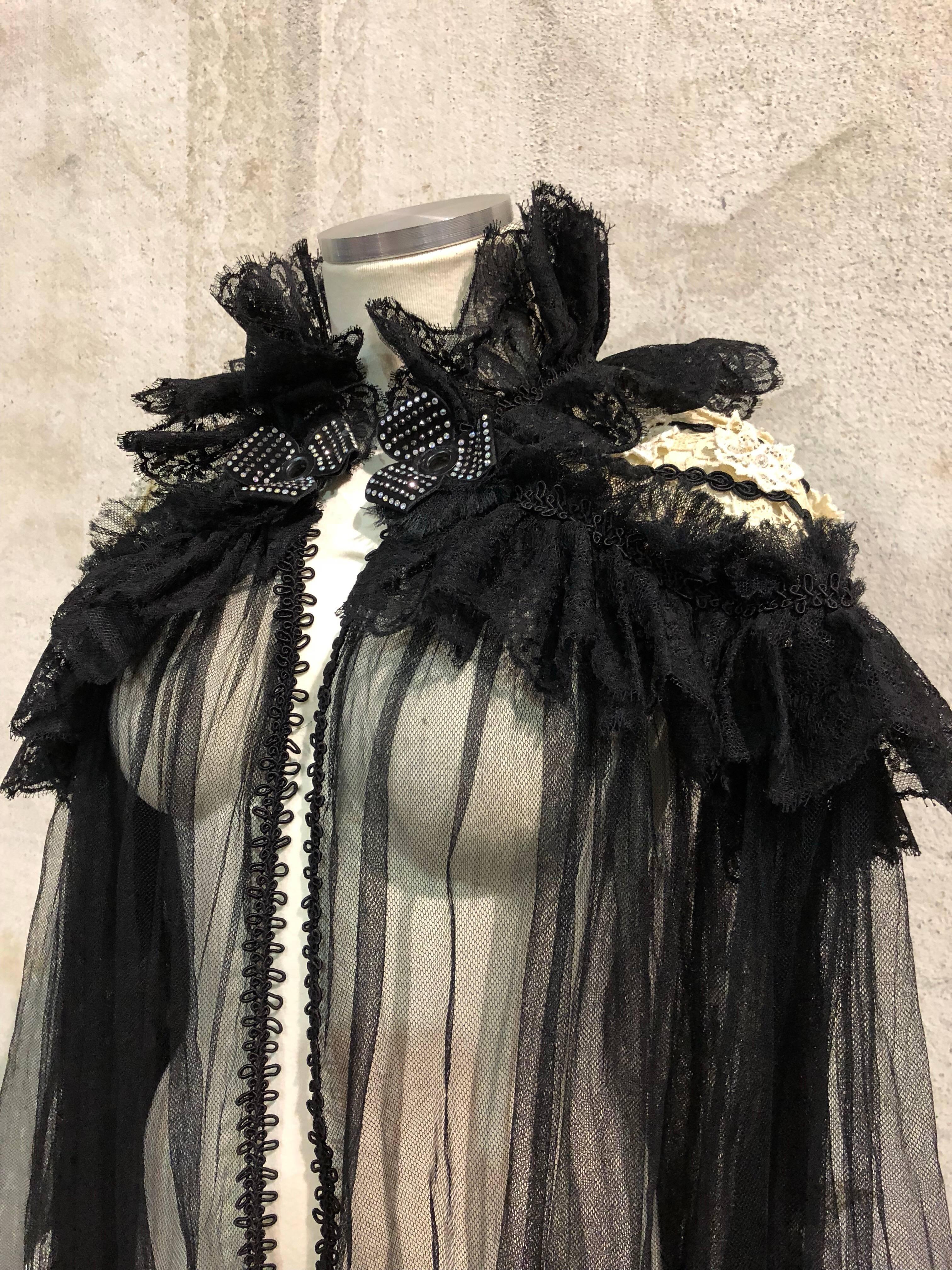 Women's 1940s Style Black Net Cape w Ribbon & Cotton Lace Flower Applique