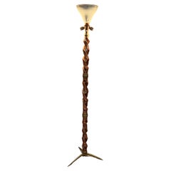 1940s Style Franco Albini Italian Tripod Spiral Floor Lamp Wood and Brass Twist