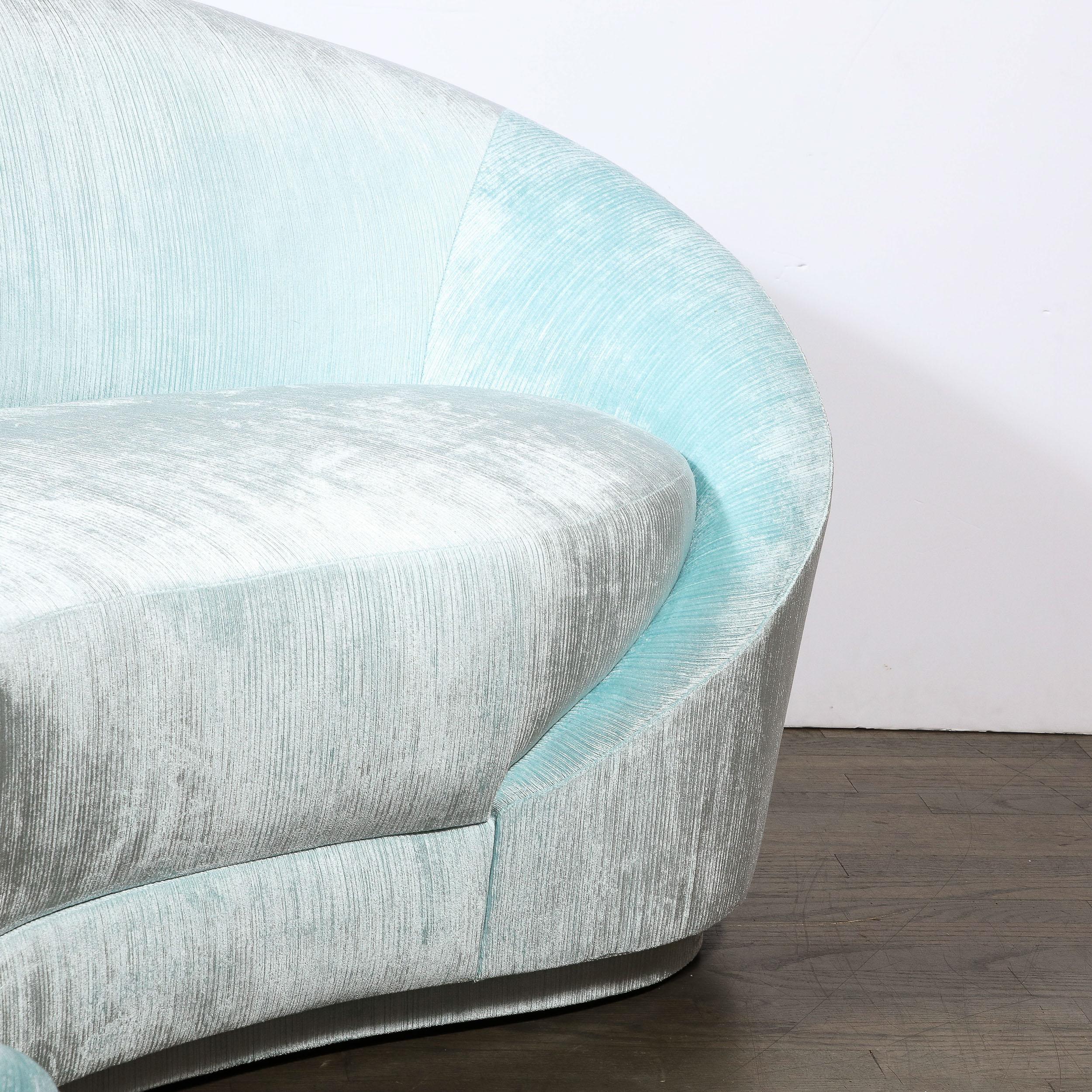 1940s Style Modernist Custom Sweeping Curved Sofa in Aquamarine Velvet For Sale 5