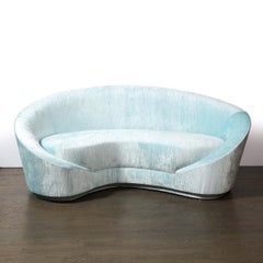 1940s Style Modernist Custom Sweeping Curved Sofa in Aquamarine Velvet