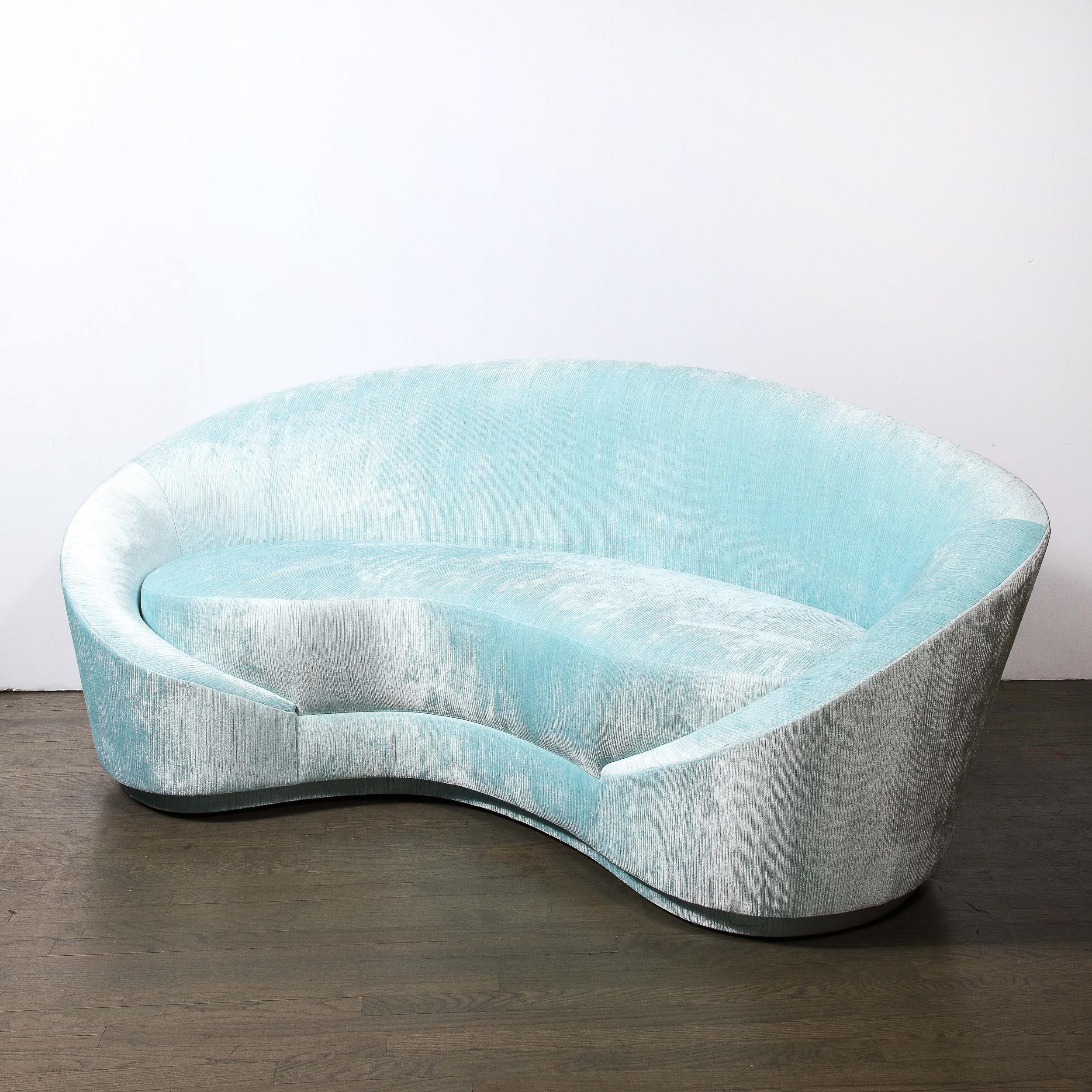 American 1940s Style Modernist Custom Sweeping Curved Sofa in Aquamarine Velvet For Sale
