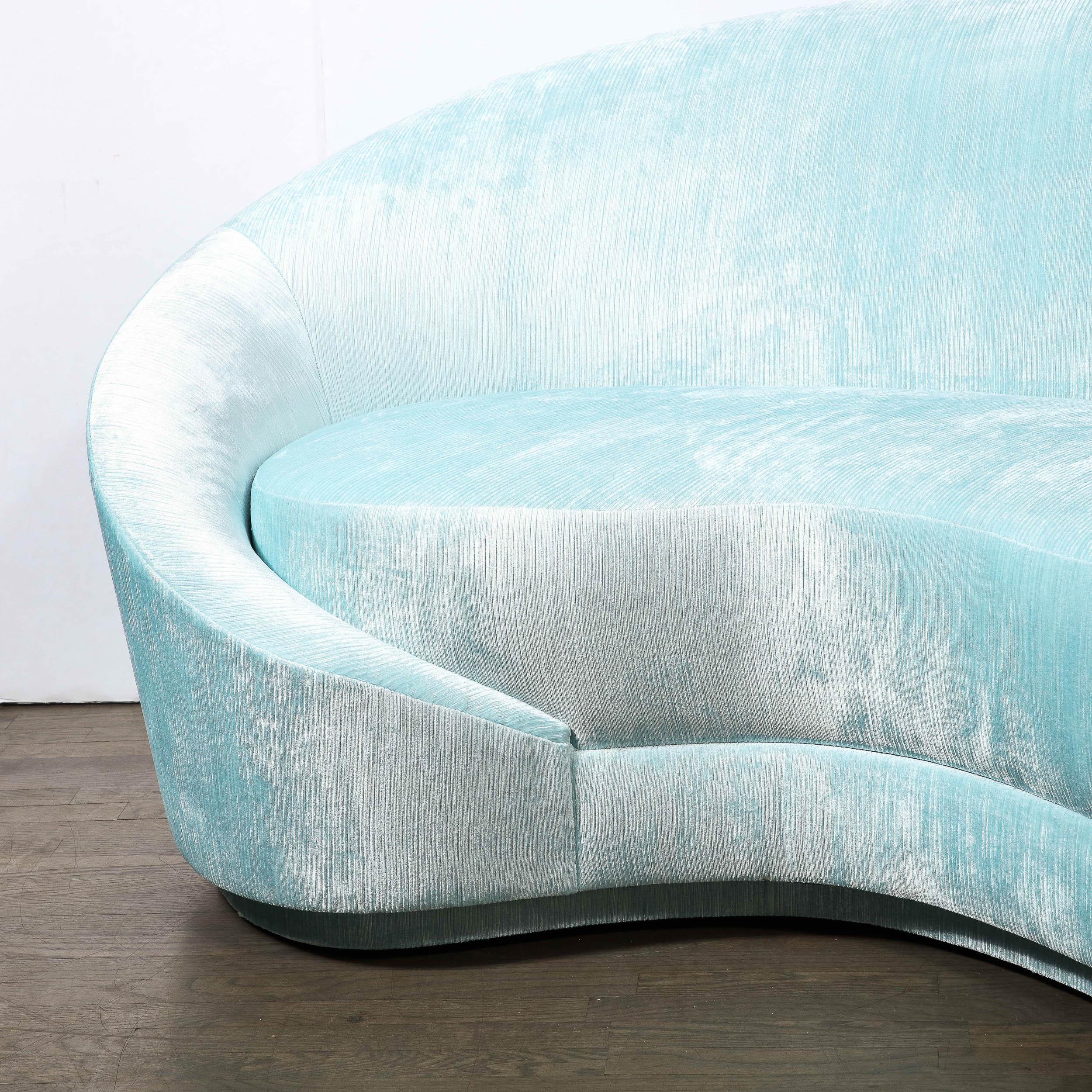 American 1940s Style Modernist Custom Sweeping Curved Sofa in Aquamarine Velvet For Sale