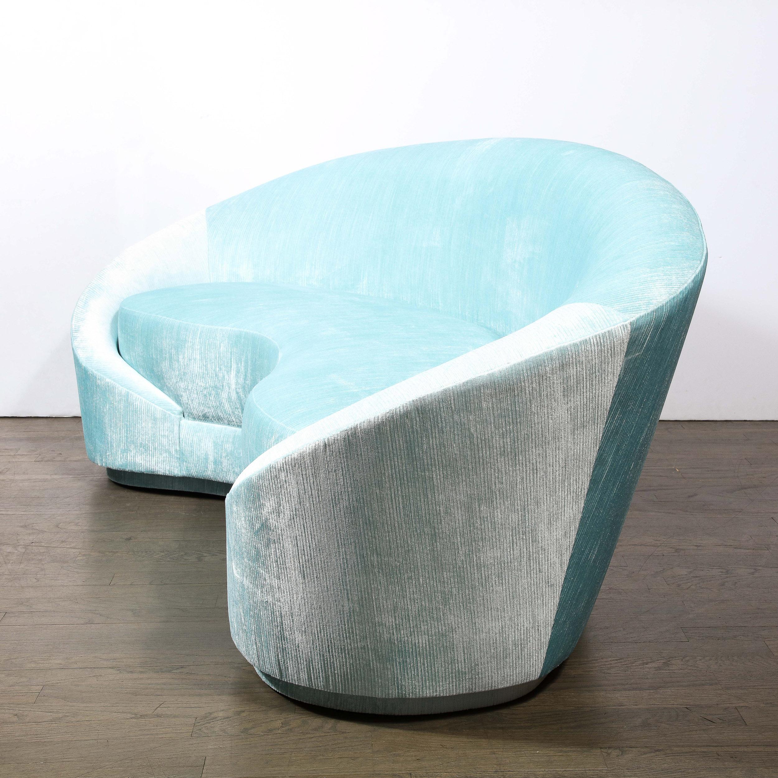 Contemporary 1940s Style Modernist Custom Sweeping Curved Sofa in Aquamarine Velvet For Sale