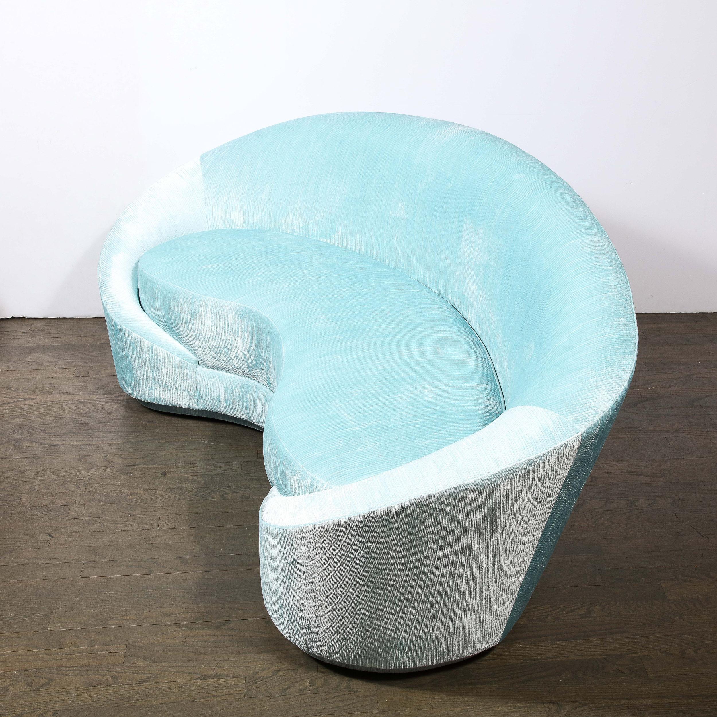 Contemporary 1940s Style Modernist Custom Sweeping Curved Sofa in Aquamarine Velvet For Sale