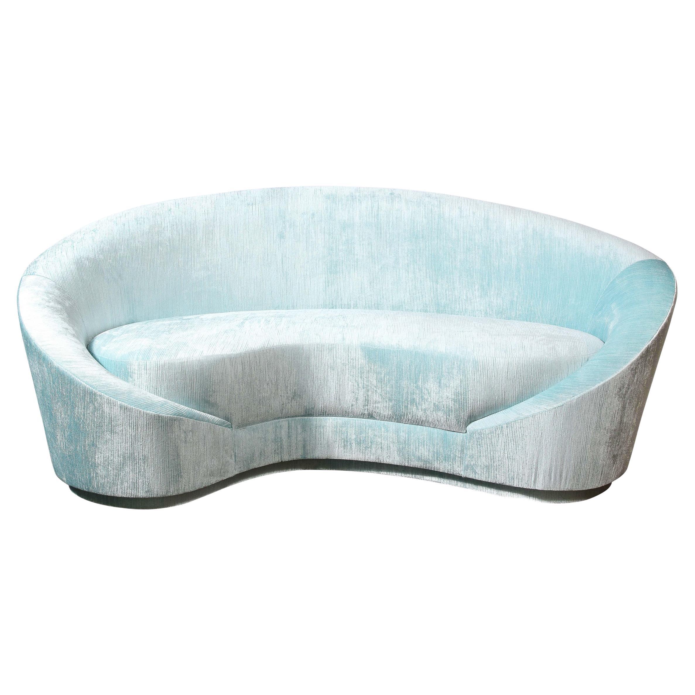 1940s Style Modernist Custom Sweeping Curved Sofa in Aquamarine Velvet For Sale