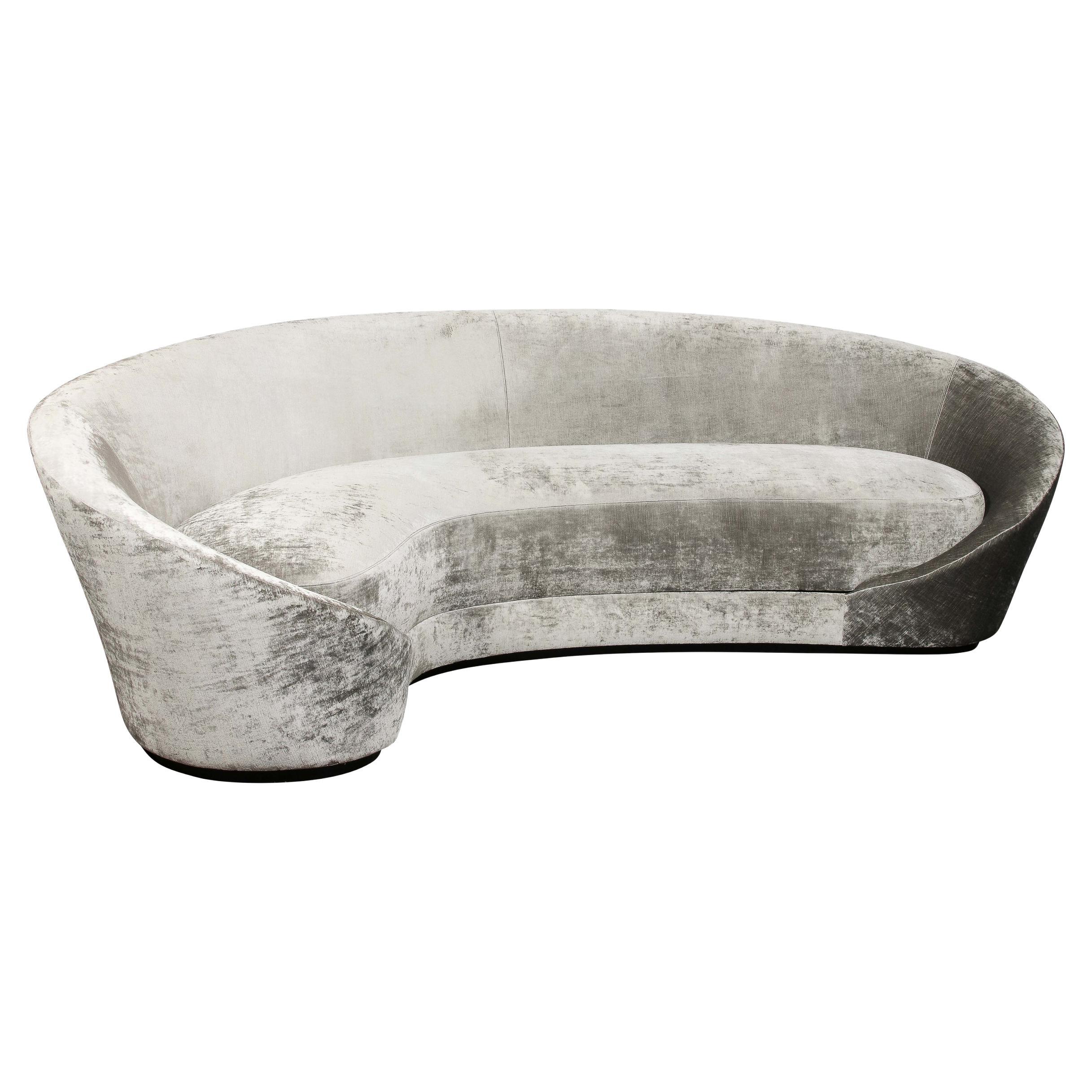 1940s Style Modernist Sweeping Curved Sofa in Platinum Velvet For Sale