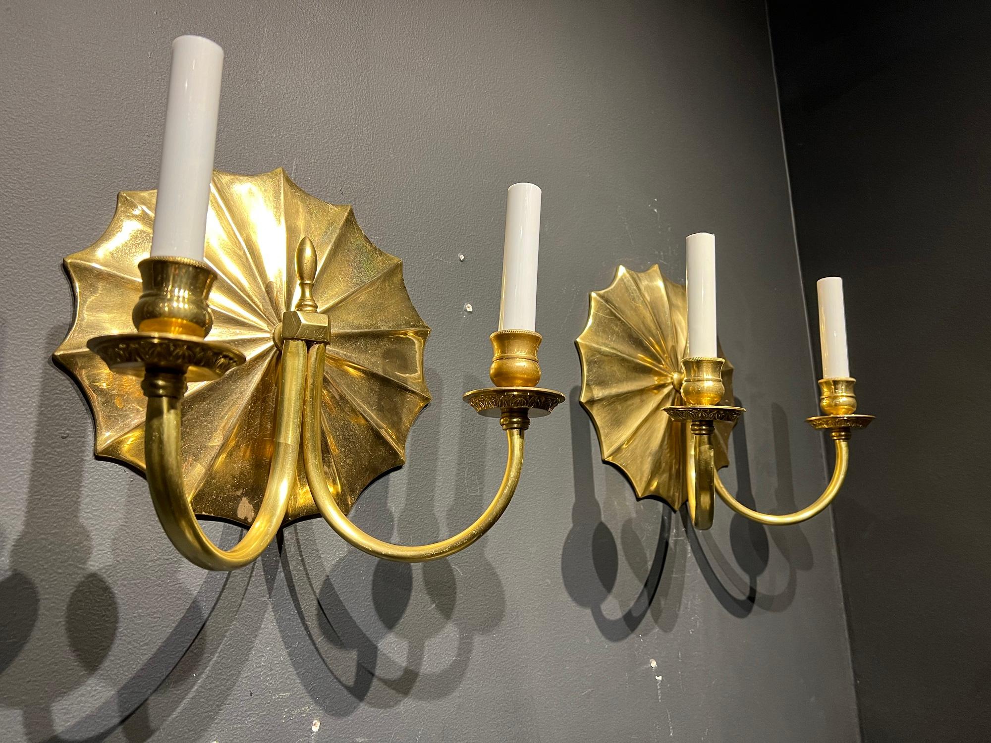 A pair of circa 1940’s big sunburst shaped backplate sconces with original gilding. Lamp shade is not included. In very good vintage condition, newly rewired. 

Up to 120V (US Standard)
Hardwired

Dealer: G302YP 