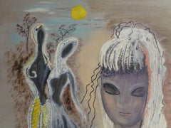 Pittura a olio surrealista su tavola del 1940 - Figure femminili in un paesaggio