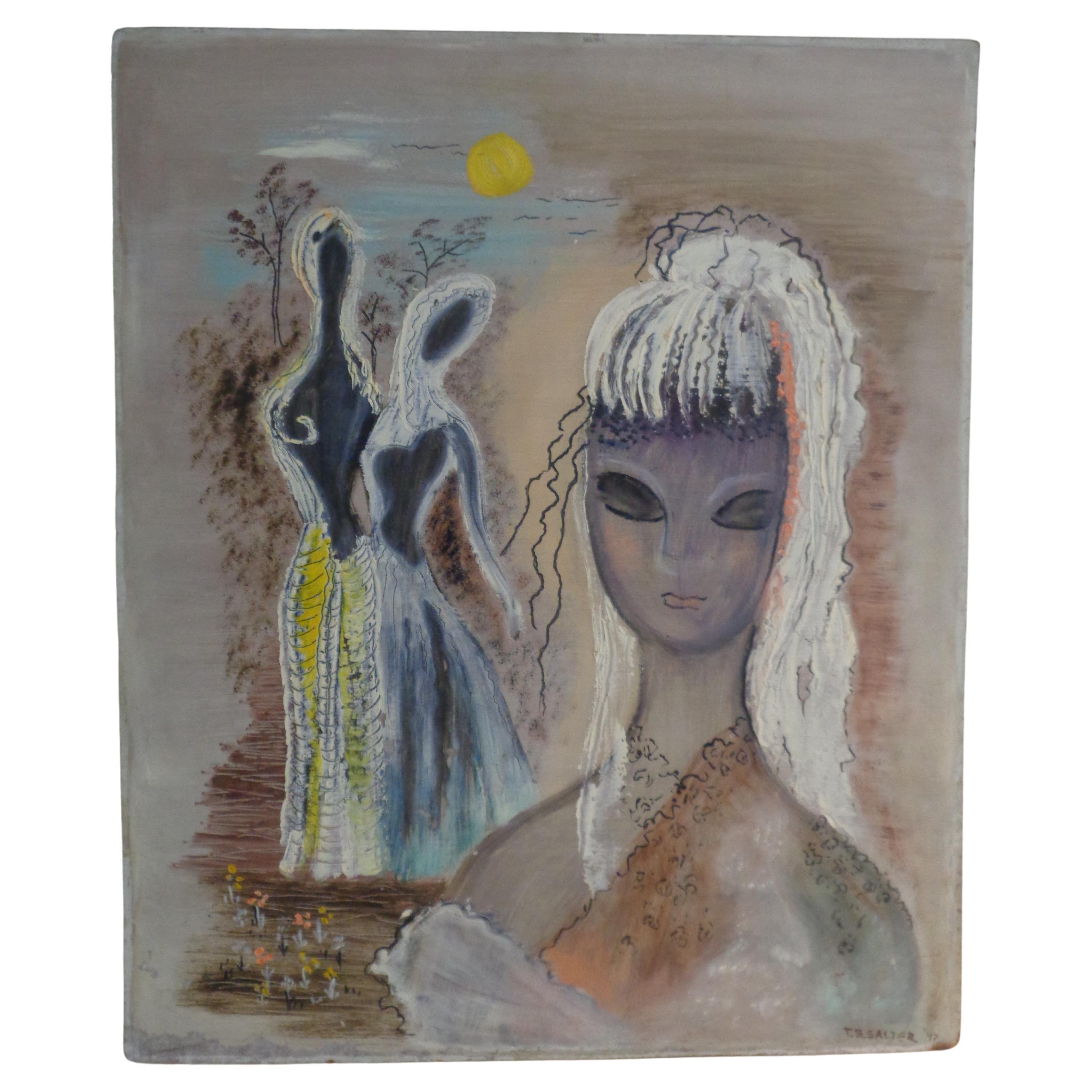 1940's Surrealist Oil Painting on Board - Female Figures in Landscape In Good Condition For Sale In Rochester, NY