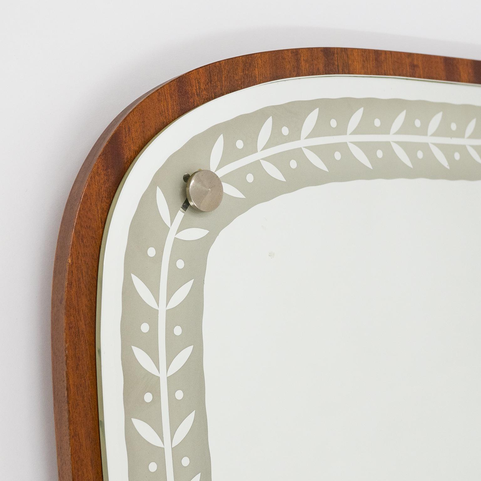 1940s Swedish Art Deco Mirror, Etched Glass and Mahogany In Good Condition In Vienna, AT