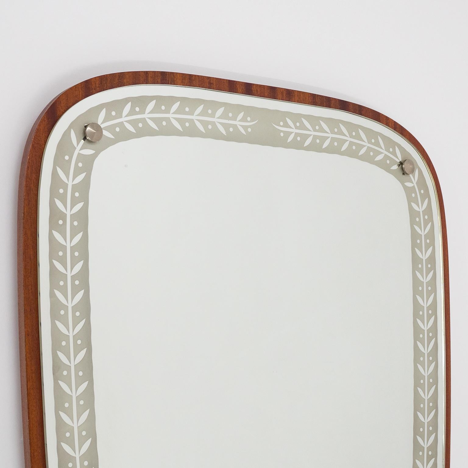 Nickel 1940s Swedish Art Deco Mirror, Etched Glass and Mahogany