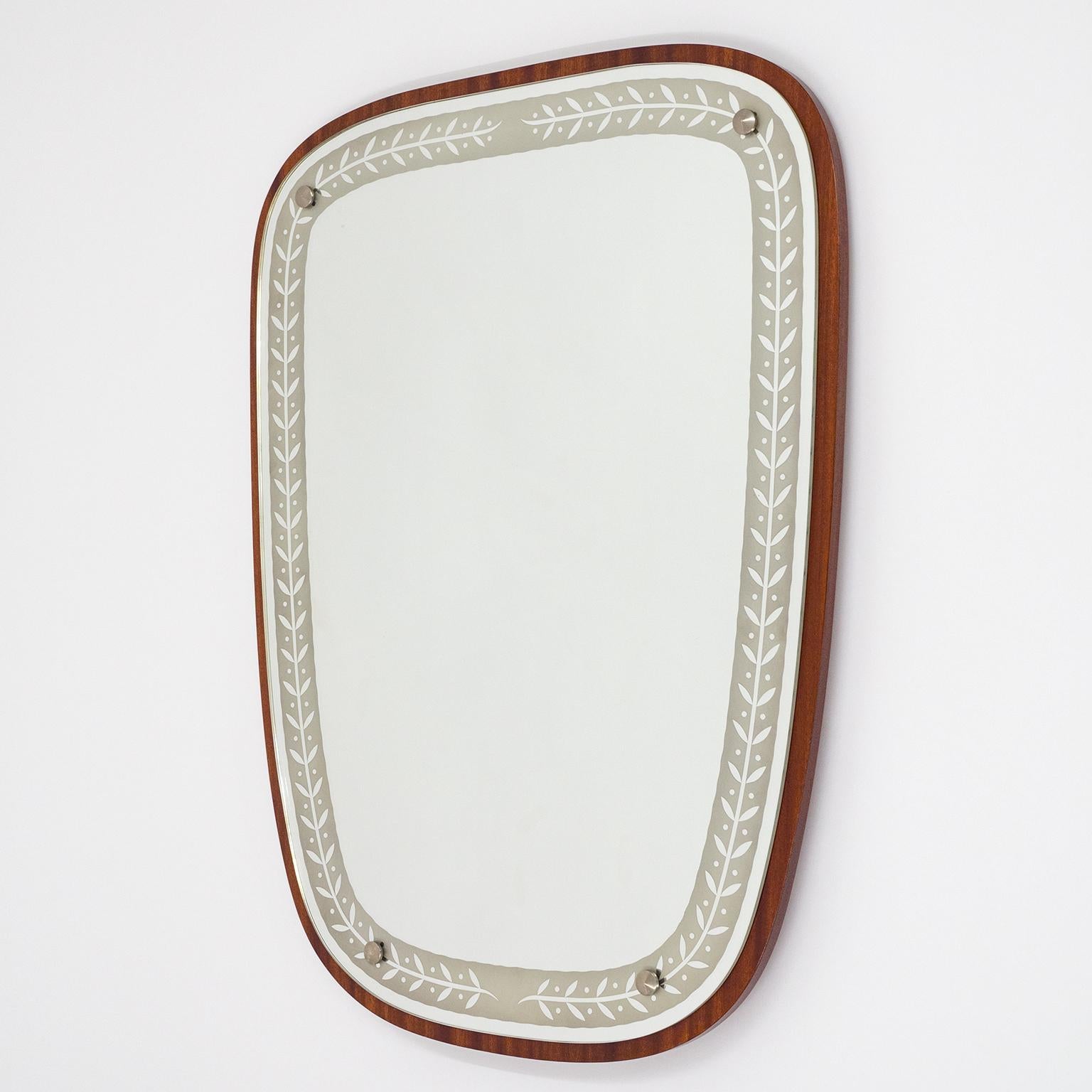1940s Swedish Art Deco Mirror, Etched Glass and Mahogany 1