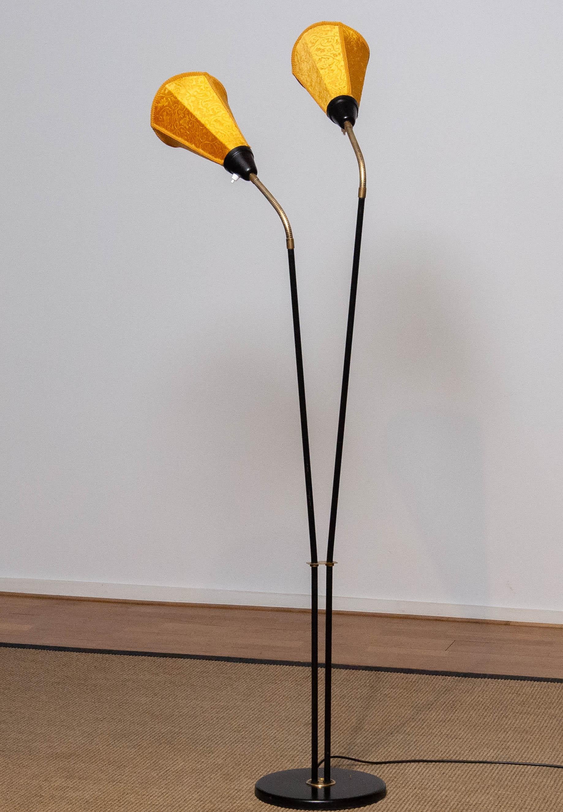 1940's Swedish Black and Brass Double Shade Floor Lamp with Golden Velvet Shades 5