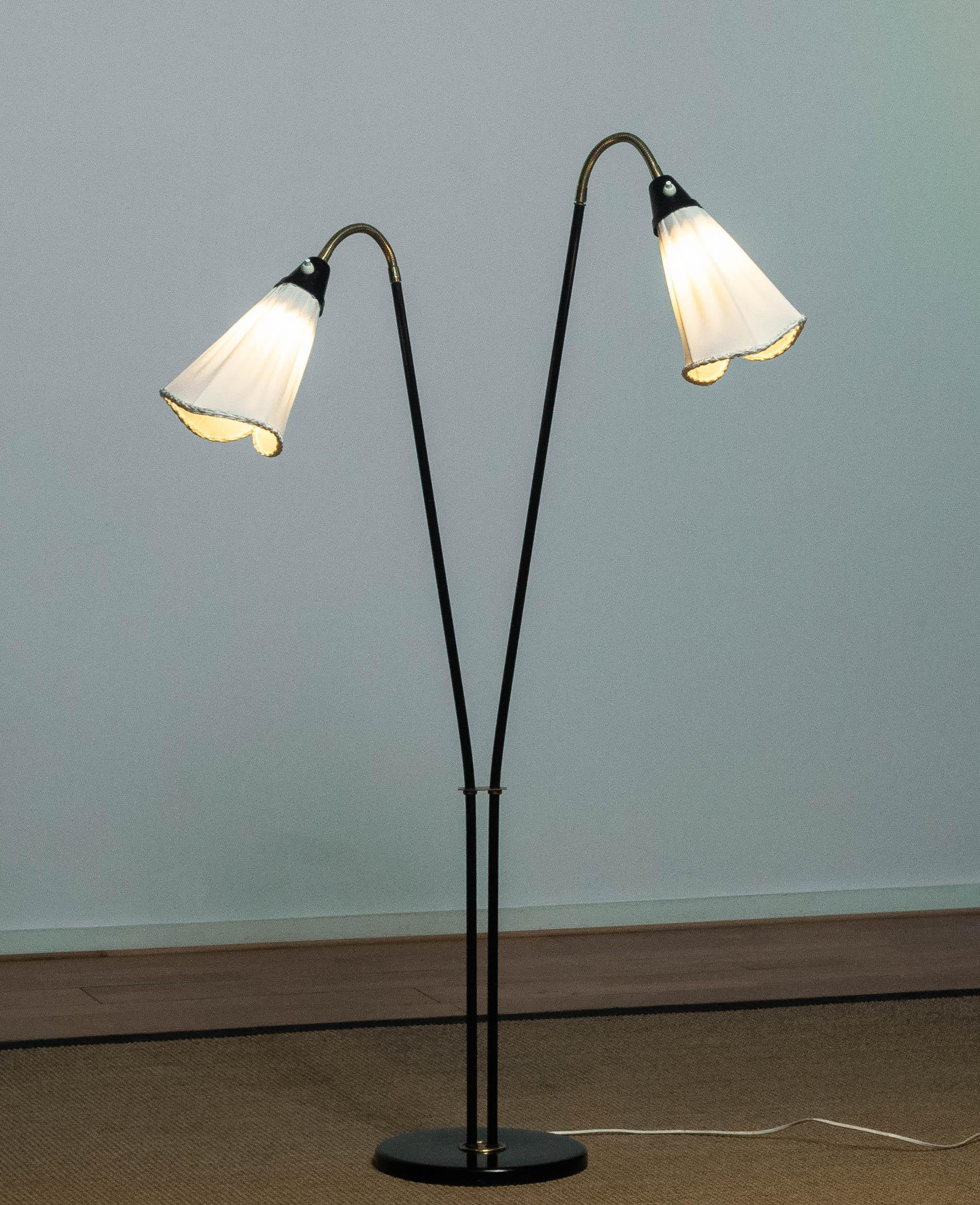 1940's Swedish Black and Brass Double Shade Floor Lamp with White Fabric Shades 1
