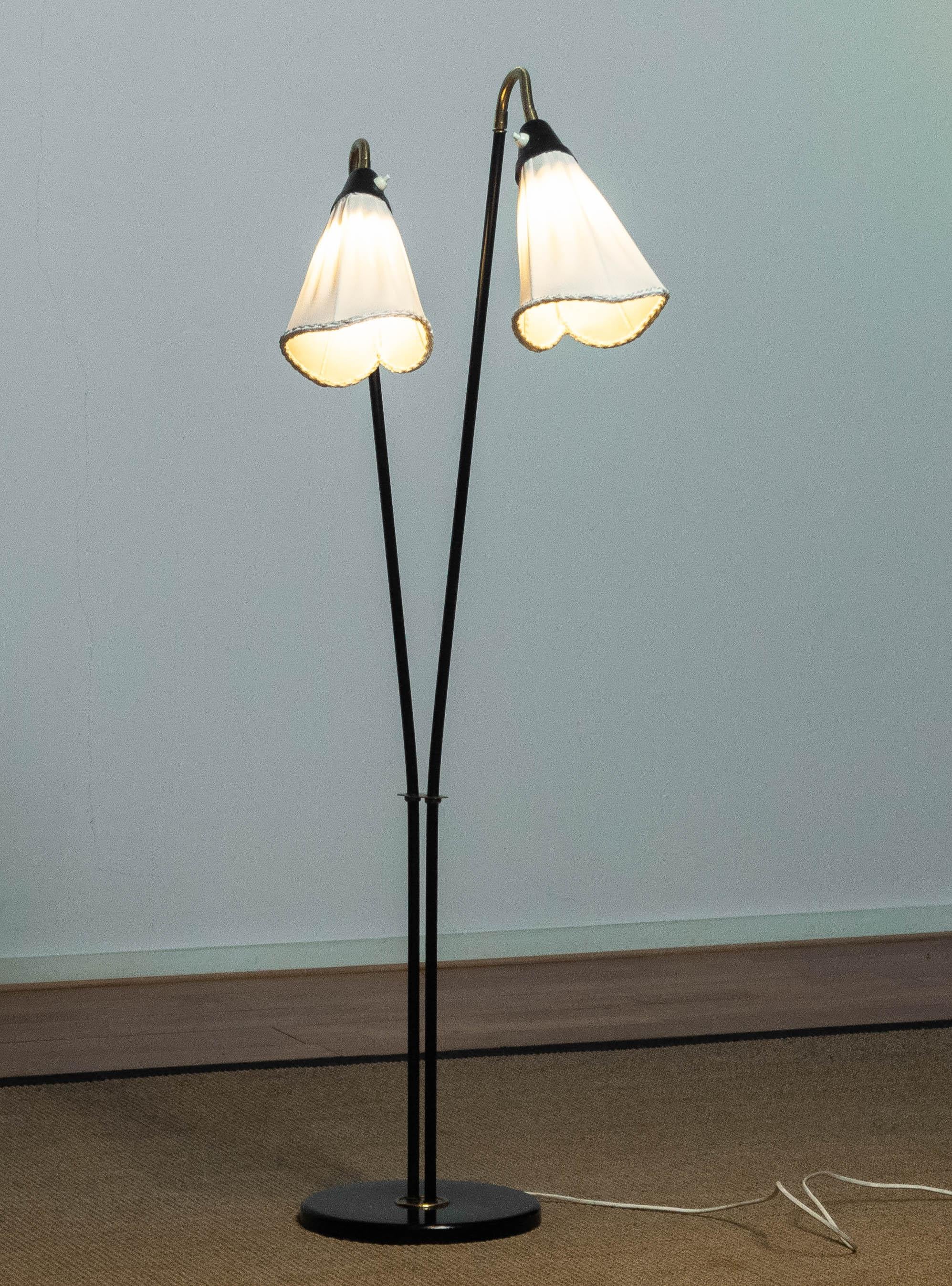 1940's Swedish Black and Brass Double Shade Floor Lamp with White Fabric Shades 5