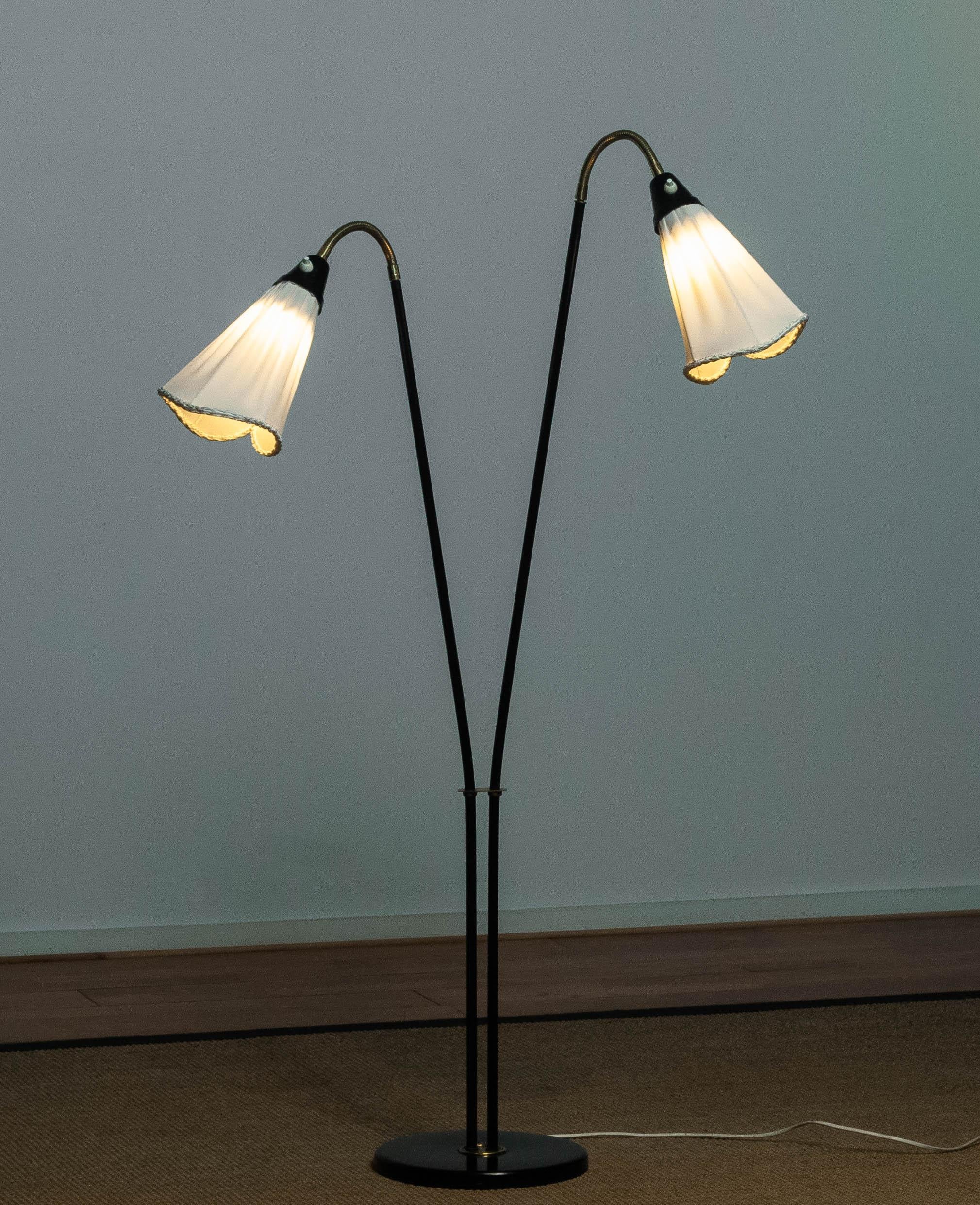 Biedermeier 1940's Swedish Black and Brass Double Shade Floor Lamp with White Fabric Shades