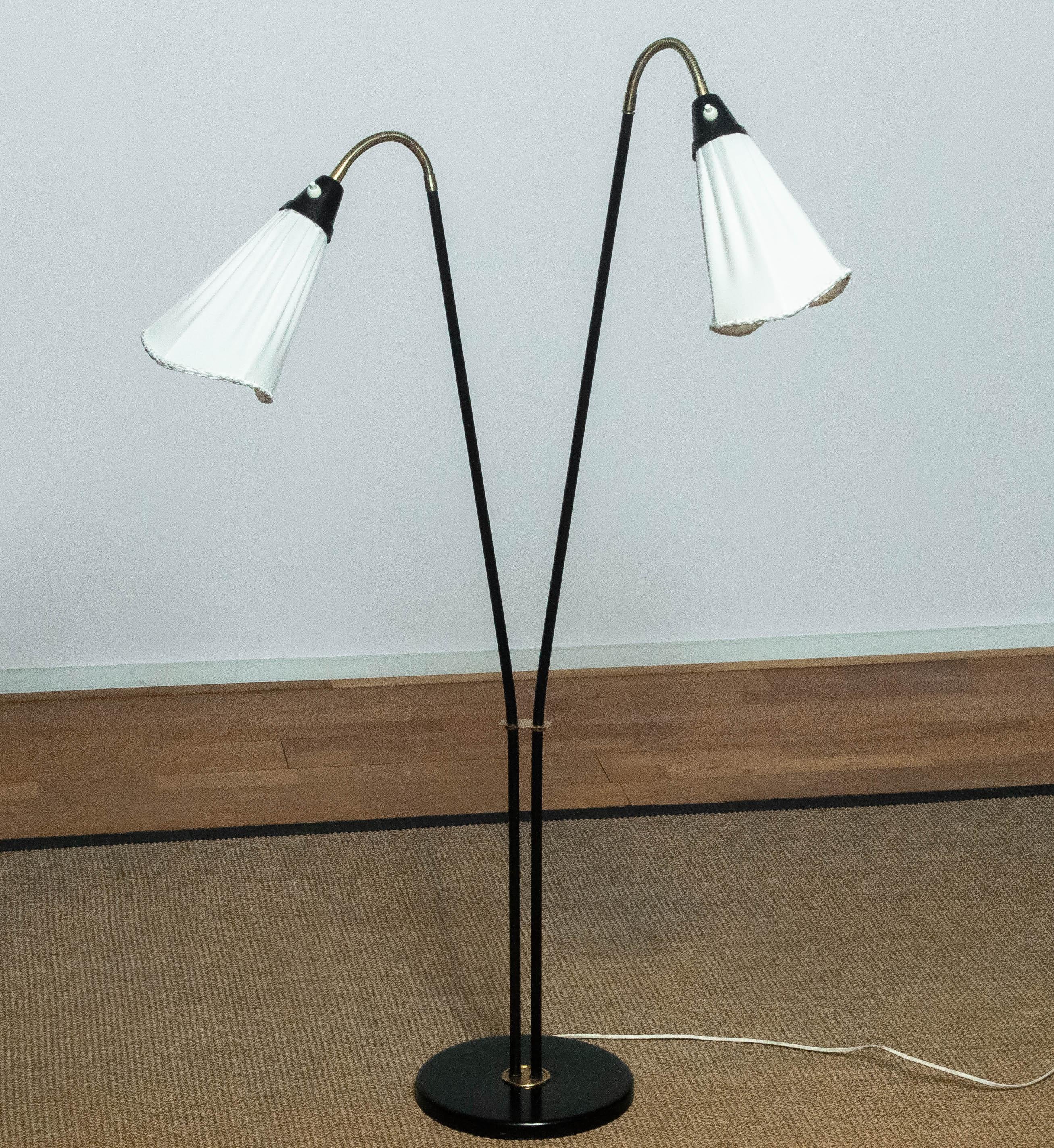 Mid-20th Century 1940's Swedish Black and Brass Double Shade Floor Lamp with White Fabric Shades