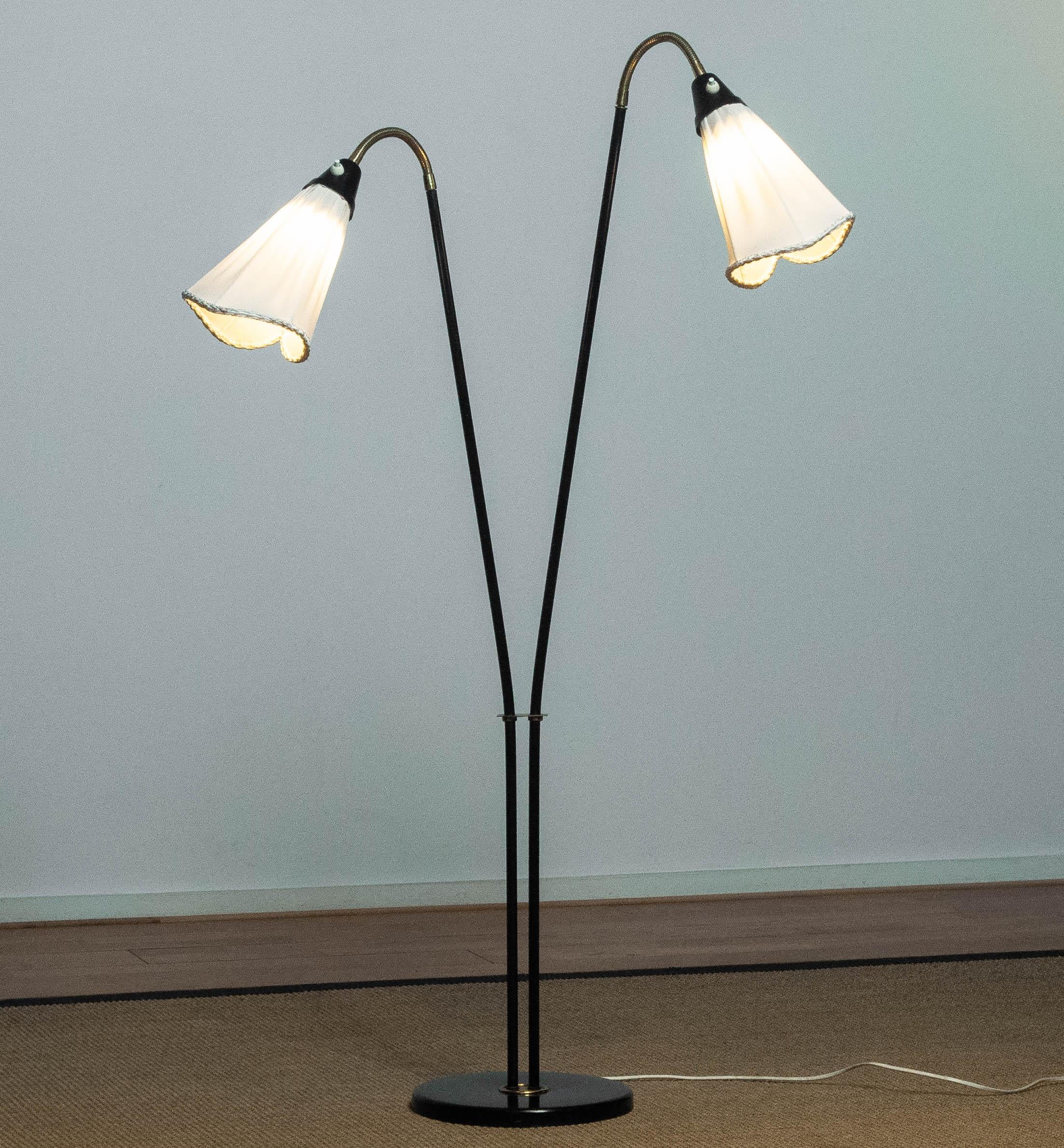 Metal 1940's Swedish Black and Brass Double Shade Floor Lamp with White Fabric Shades
