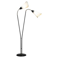 1940's Swedish Black and Brass Double Shade Floor Lamp with White Fabric Shades
