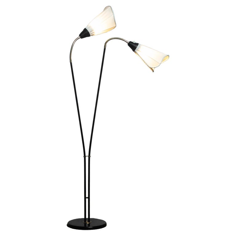 1940's Swedish Black and Brass Double Shade Floor Lamp with White Fabric  Shades For Sale at 1stDibs