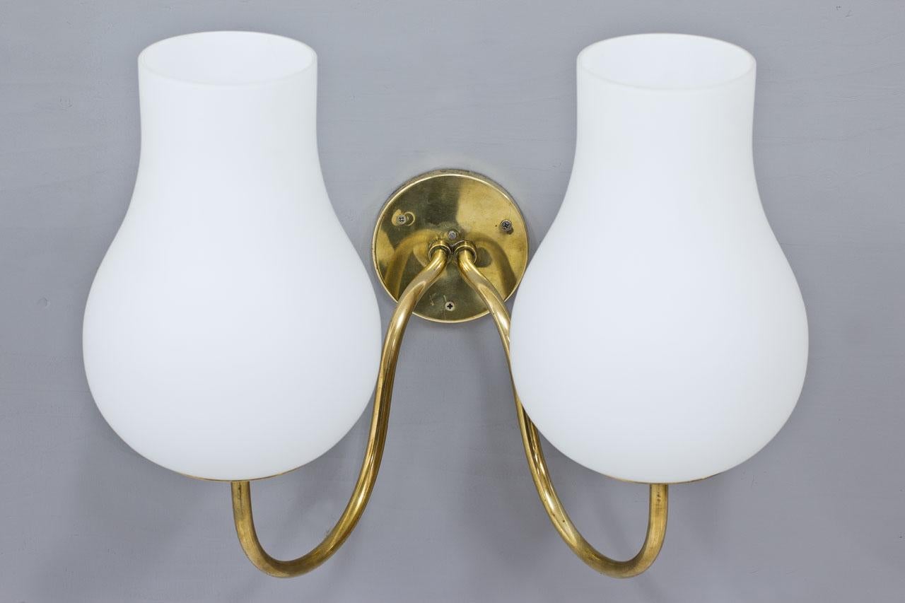 20th Century 1940s Swedish Brass Wall Lamp with Opaline Glass Diffuser For Sale