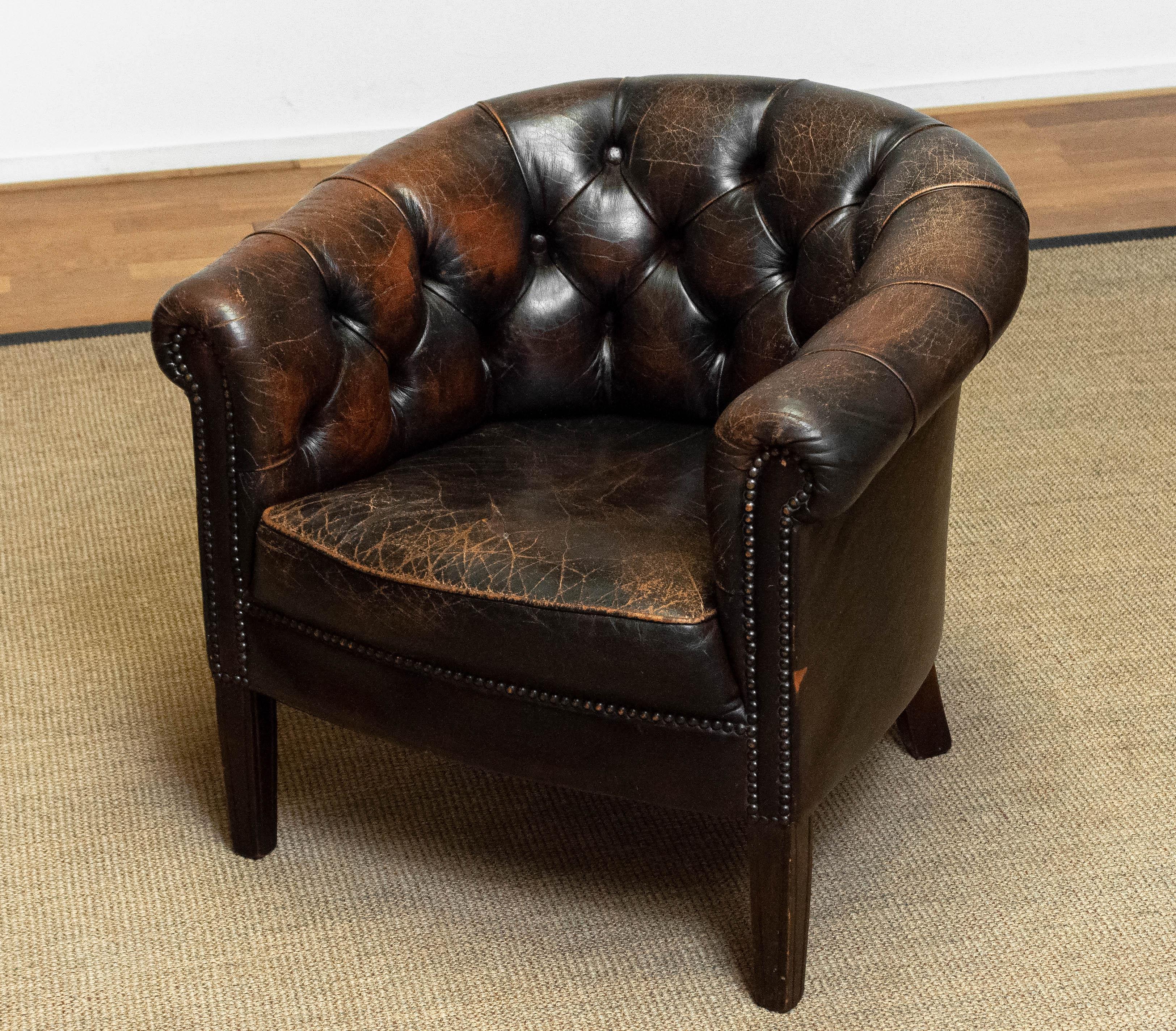 Mid-20th Century 1940's Swedish Chesterfield Model Tufted Chair with Brown Vintage Patina Leather