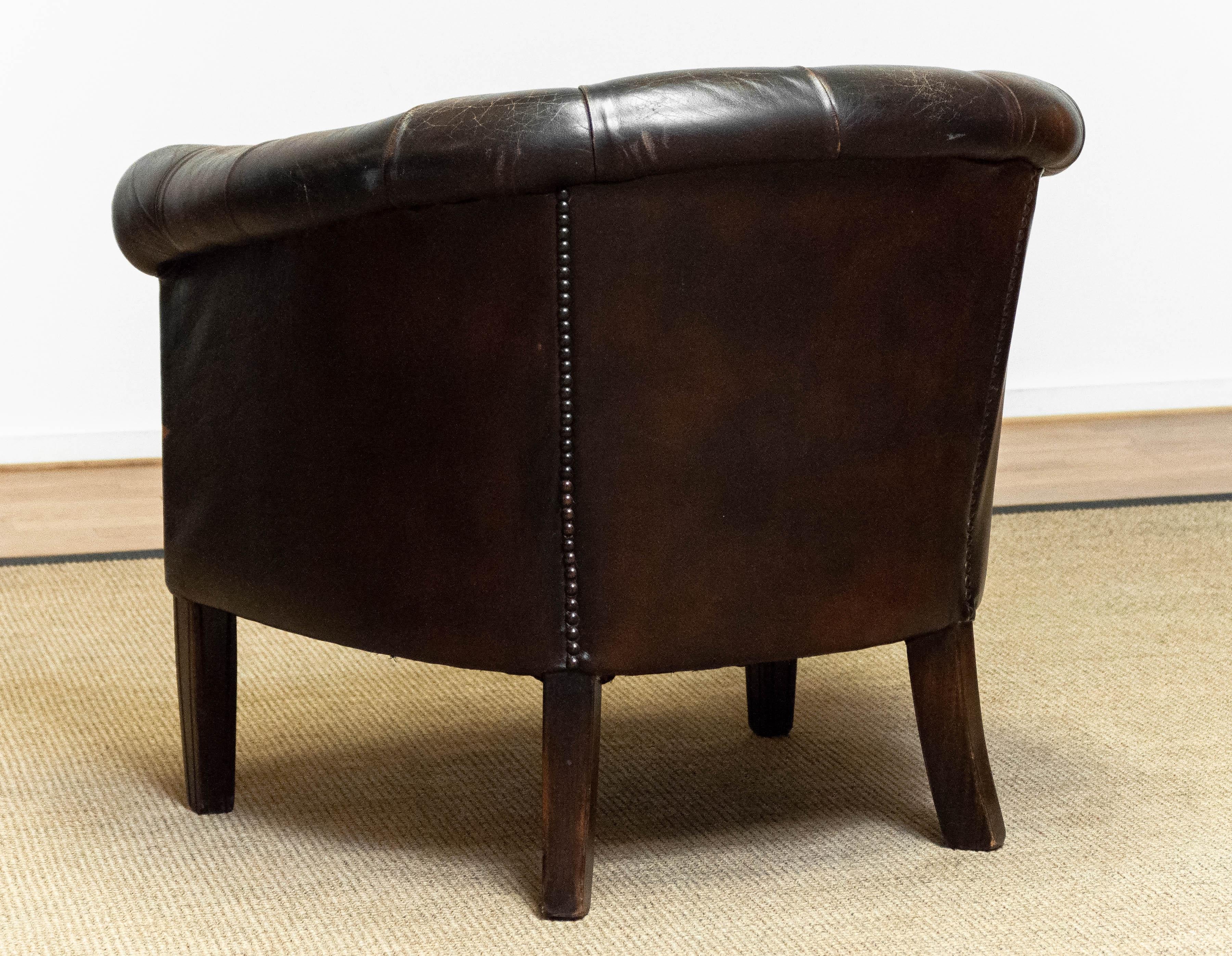 1940's Swedish Chesterfield Model Tufted Chair with Brown Vintage Patina Leather 1