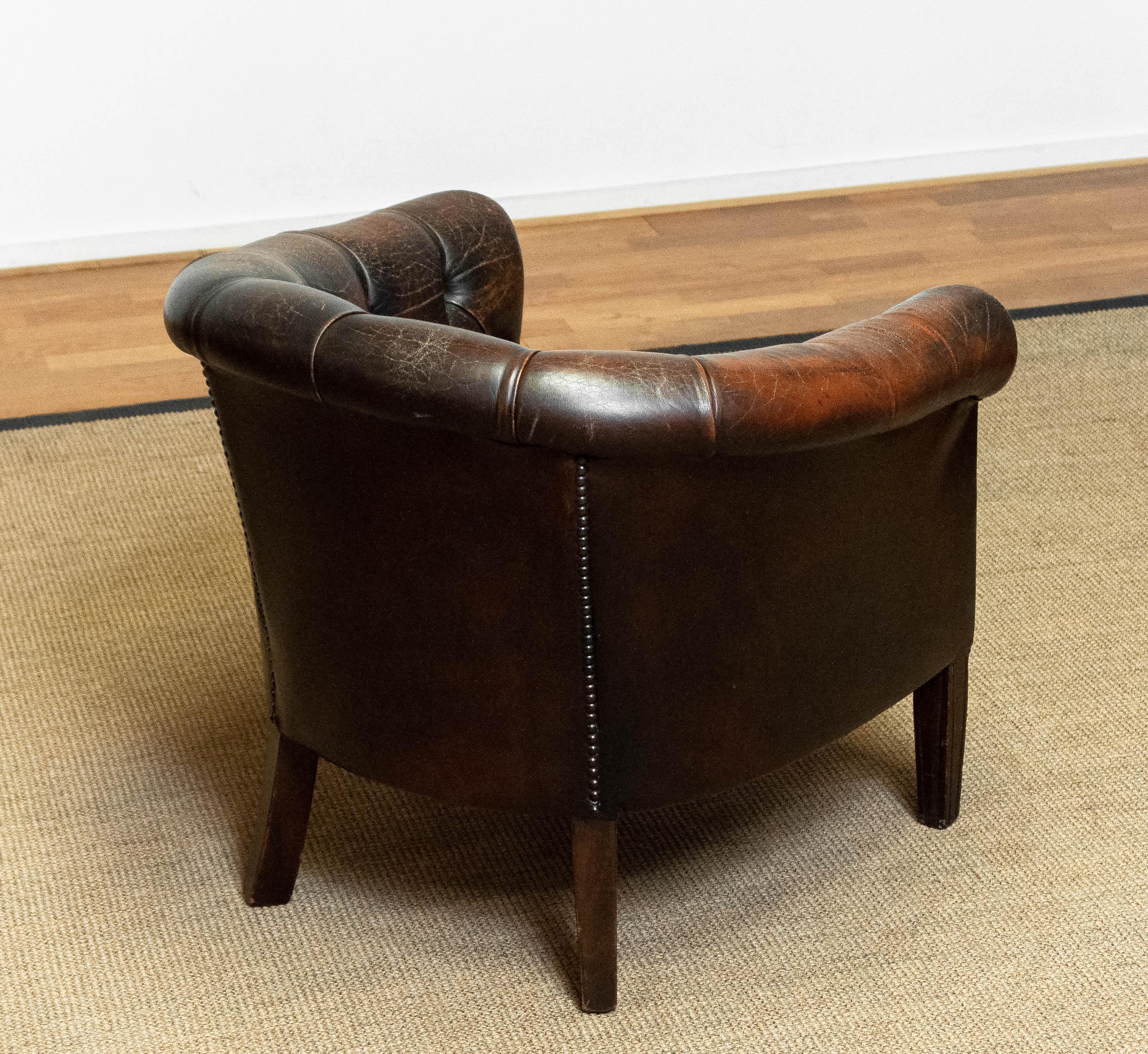 1940's Swedish Chesterfield Model Tufted Chair with Brown Vintage Patina Leather 2