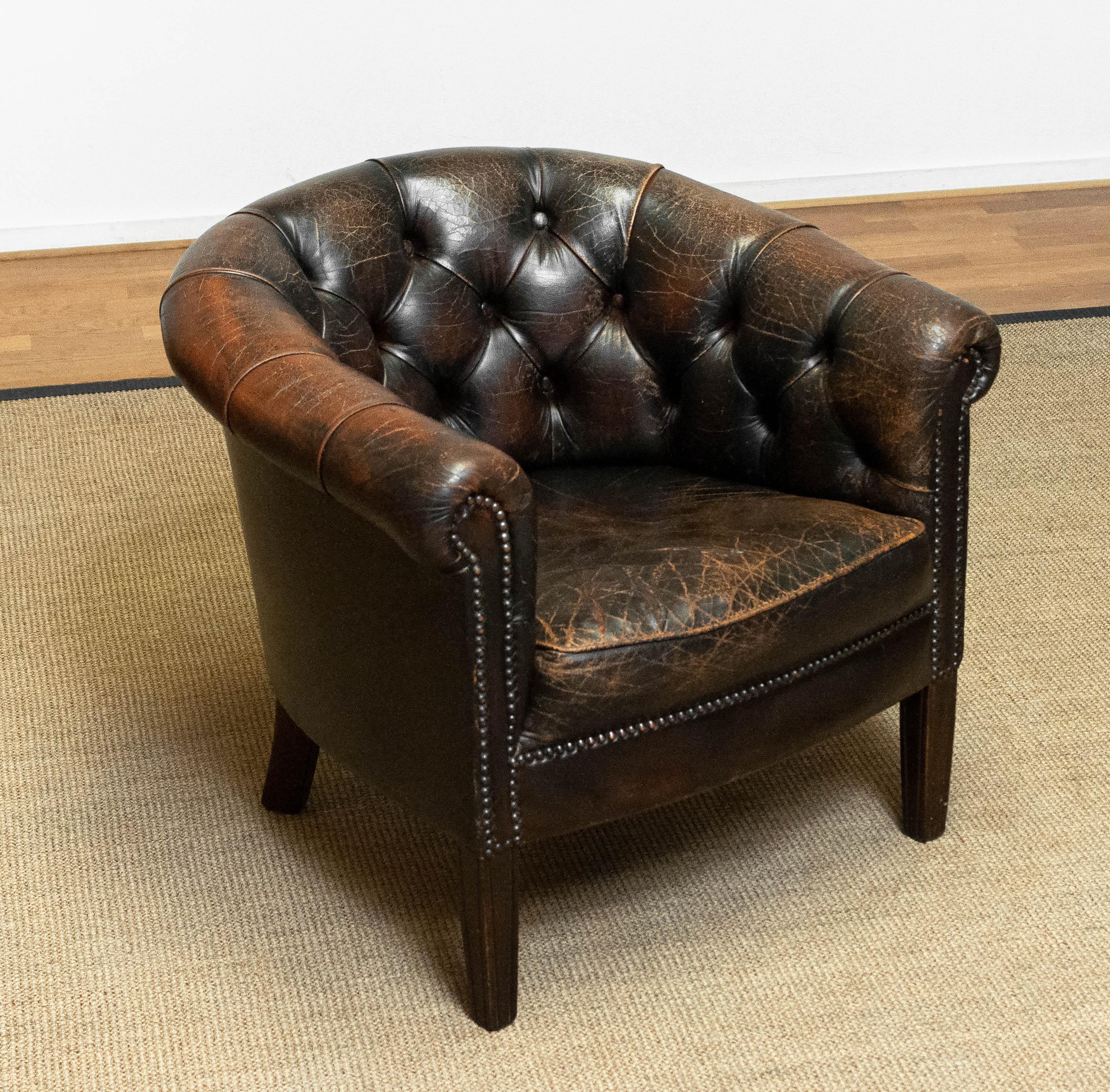 1940's Swedish Chesterfield Model Tufted Chair with Brown Vintage Patina Leather 3