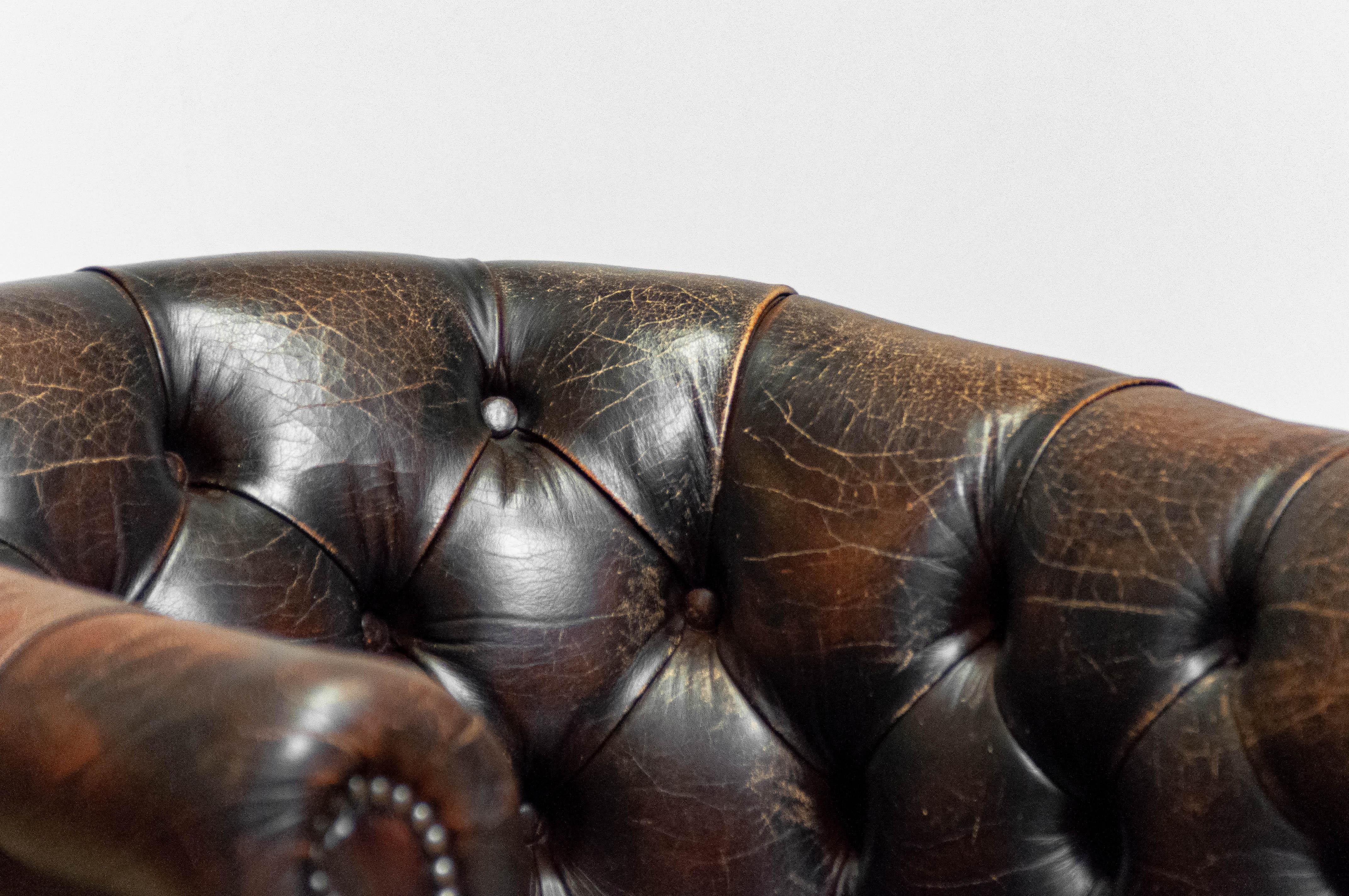 1940's Swedish Chesterfield Model Tufted Chair with Brown Vintage Patina Leather 4
