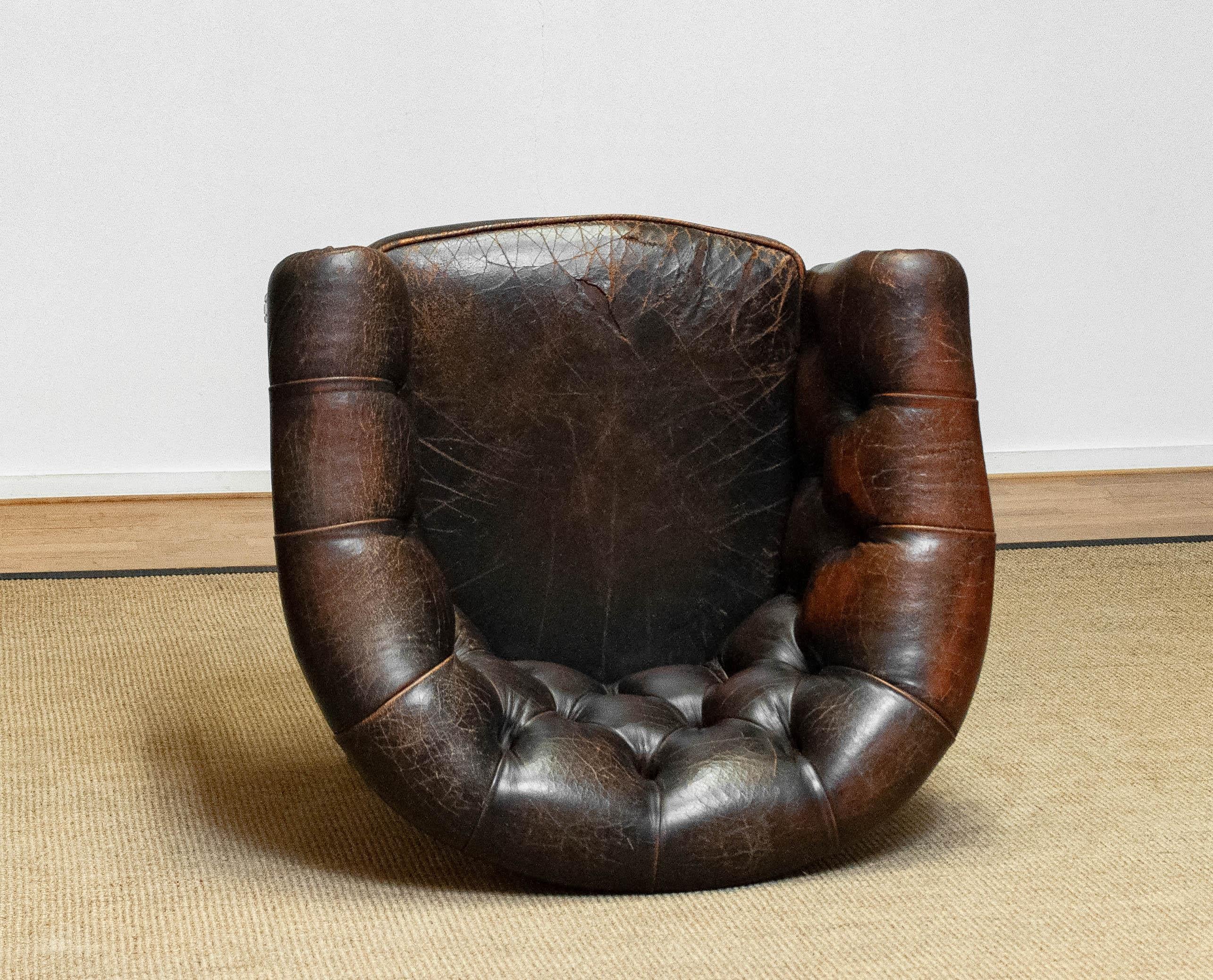 1940's Swedish Chesterfield Model Tufted Chair with Brown Vintage Patina Leather 5