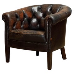 1940's Swedish Chesterfield Model Tufted Chair with Brown Vintage Patina Leather