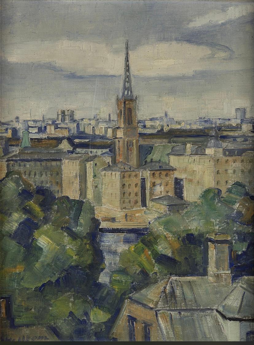 Framed in a simple gold frame circa 1935s-1940s oil painting of a cityscape view of Stockholm old town.
Likely to be of the Riddarholmen area with its famous church in the skyline, it is painted in blended tones of blue grey by landscape artist